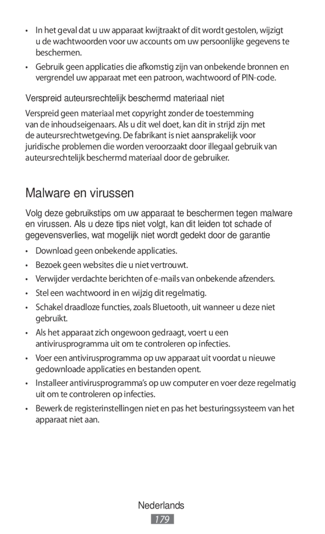 Samsung SM-N9000WDEXXV, SM-N9000ZKEXXV manual Malware en virussen, Verspreid auteursrechtelijk beschermd materiaal niet 