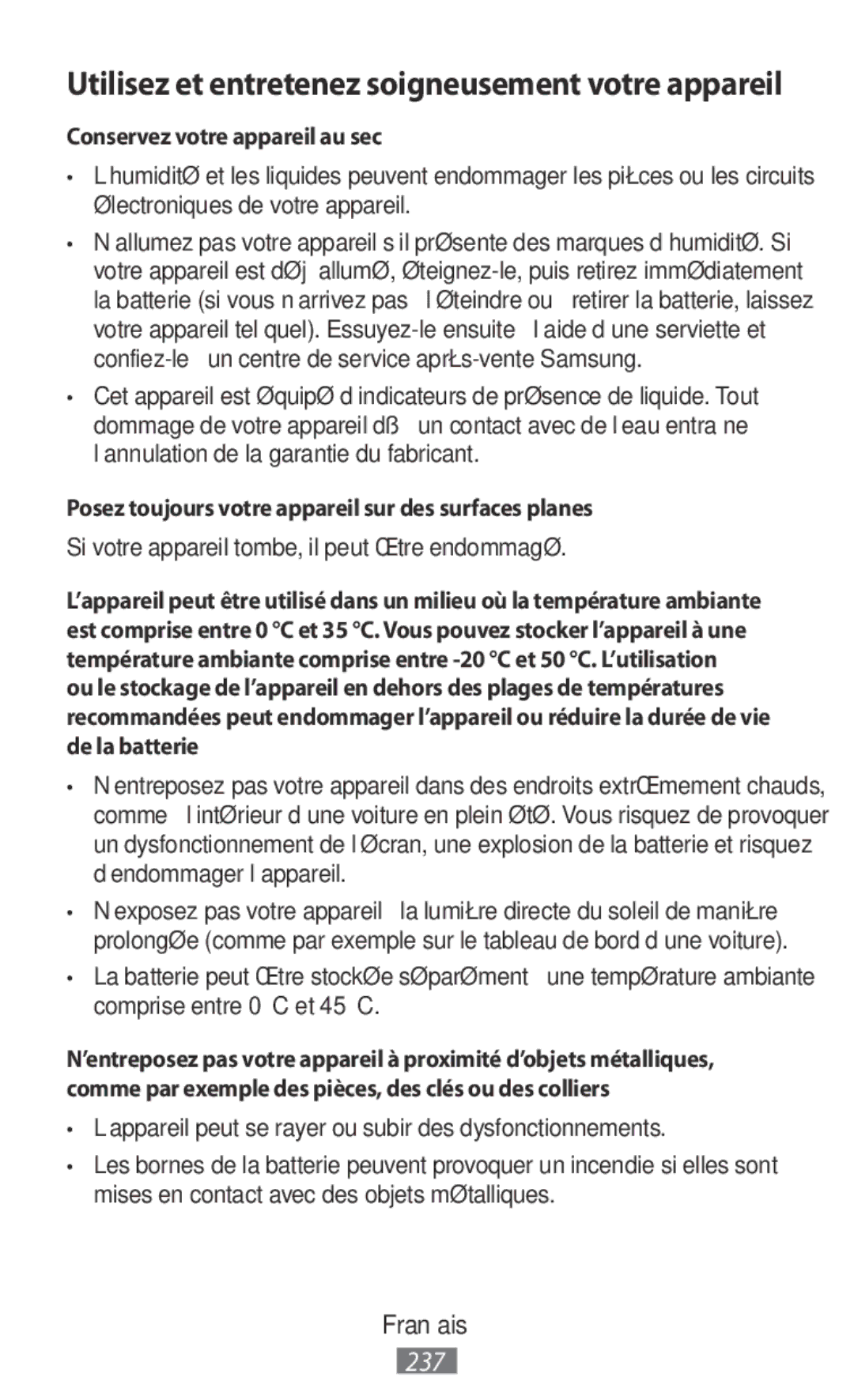 Samsung SM-N9000ZWEXXV manual Utilisez et entretenez soigneusement votre appareil, Conservez votre appareil au sec 