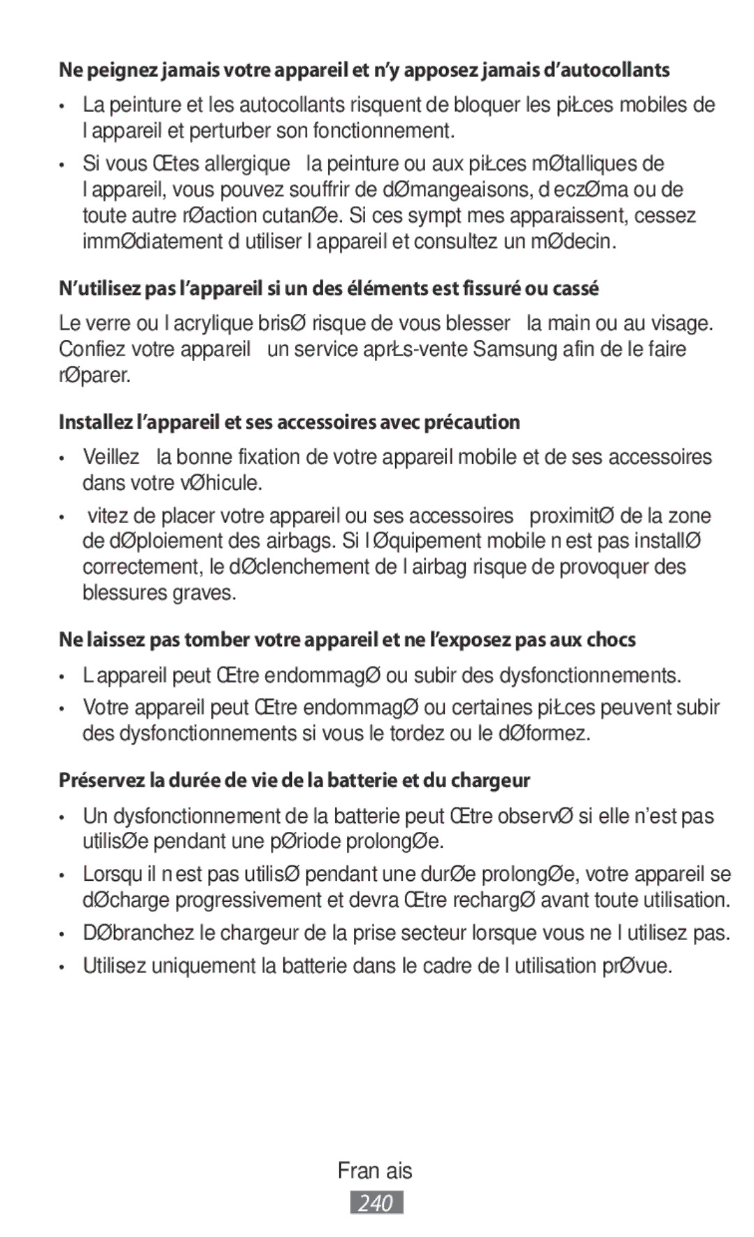 Samsung SM-N9000ZKEXXV, SM-N9000WDEXXV, SM-N9000ZWEXXV manual Installez l’appareil et ses accessoires avec précaution 