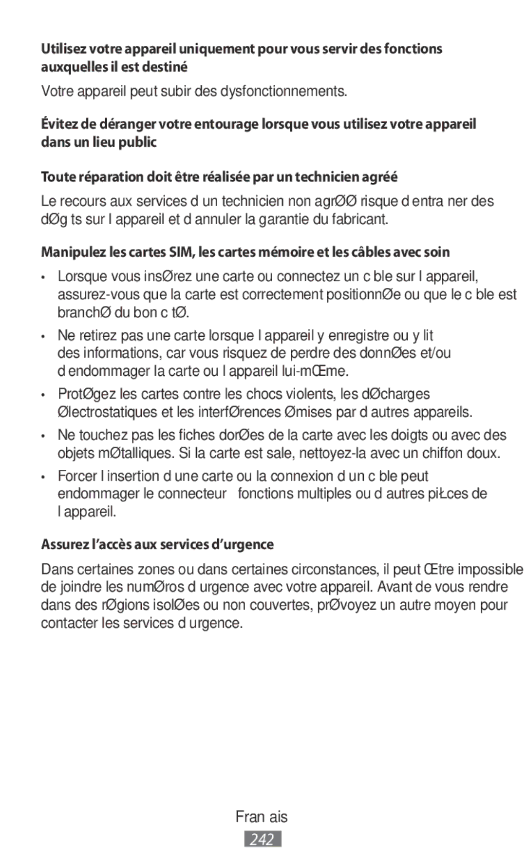 Samsung SM-N9000ZIEXXV manual Votre appareil peut subir des dysfonctionnements, Assurez l’accès aux services d’urgence 