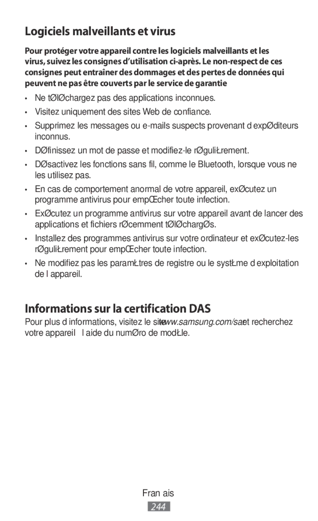 Samsung SM-N9000ZKEXXV, SM-N9000WDEXXV manual Logiciels malveillants et virus, Informations sur la certification DAS 