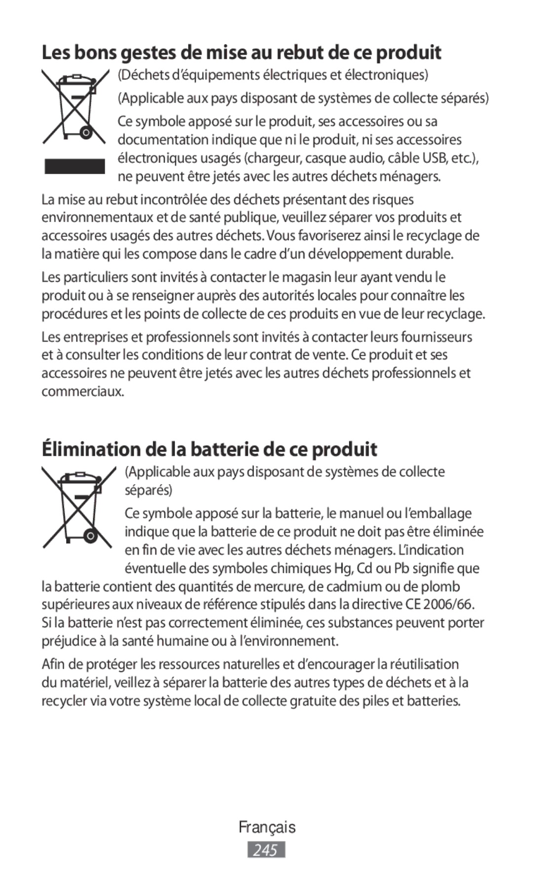 Samsung SM-N9000ZWEXXV manual Élimination de la batterie de ce produit, Les bons gestes de mise au rebut de ce produit 