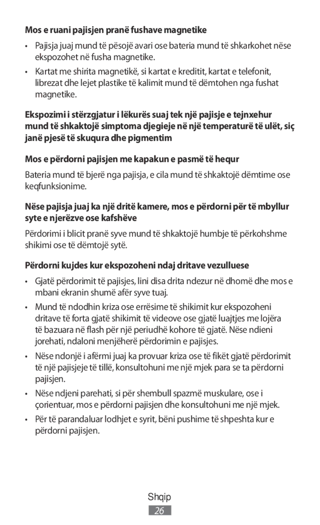 Samsung SM-N9000ZIEXXV, SM-N9000WDEXXV, SM-N9000ZKEXXV, SM-N9000ZWEXXV manual Mos e ruani pajisjen pranë fushave magnetike 