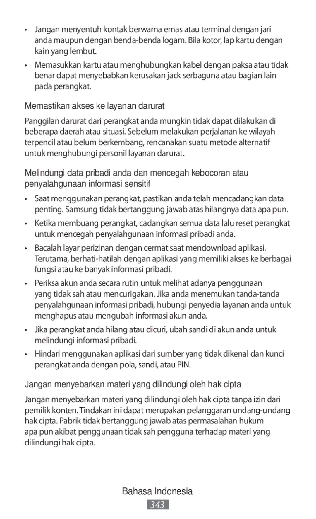 Samsung SM-N9000WDEXXV manual Memastikan akses ke layanan darurat, Jangan menyebarkan materi yang dilindungi oleh hak cipta 