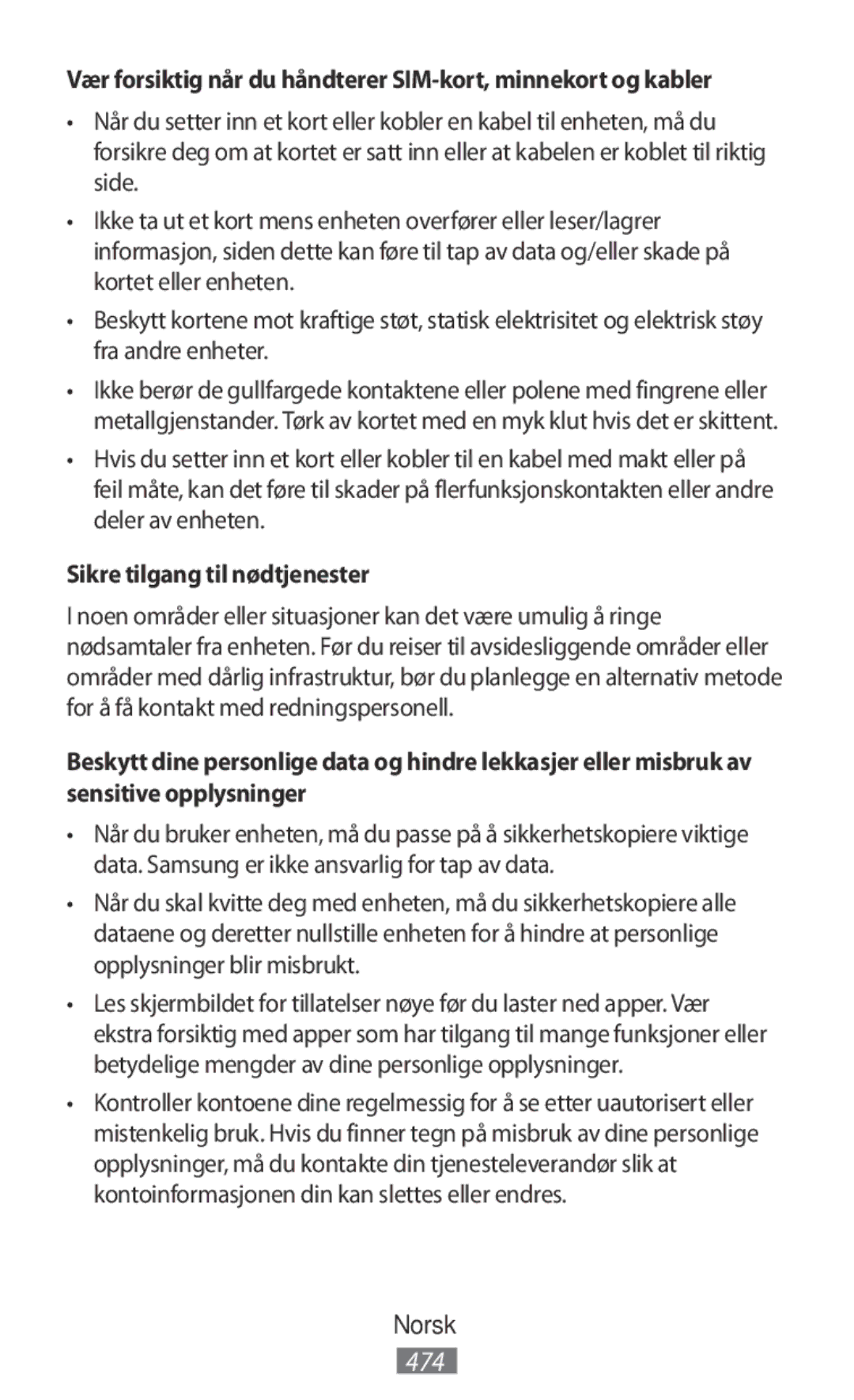 Samsung SM-N9000ZIEXXV manual Vær forsiktig når du håndterer SIM-kort, minnekort og kabler, Sikre tilgang til nødtjenester 