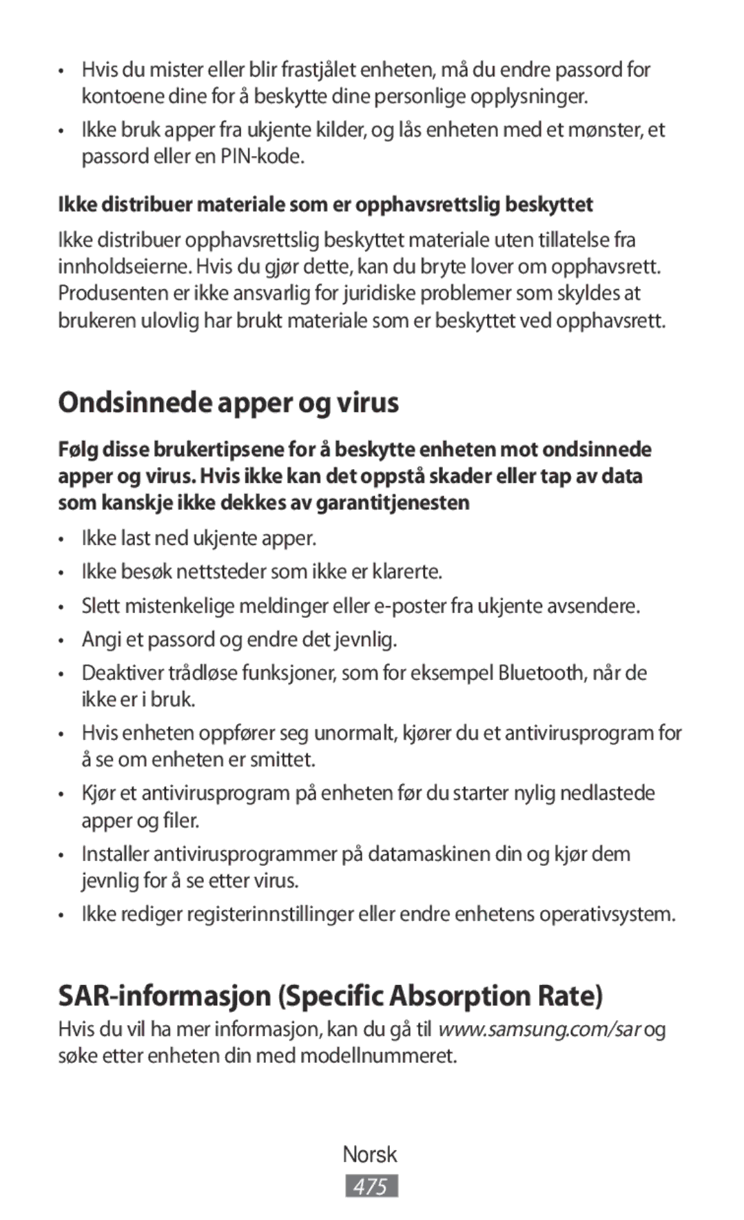 Samsung SM-N9000WDEXXV, SM-N9000ZKEXXV, SM-N9000ZWEXXV Ondsinnede apper og virus, SAR-informasjon Specific Absorption Rate 