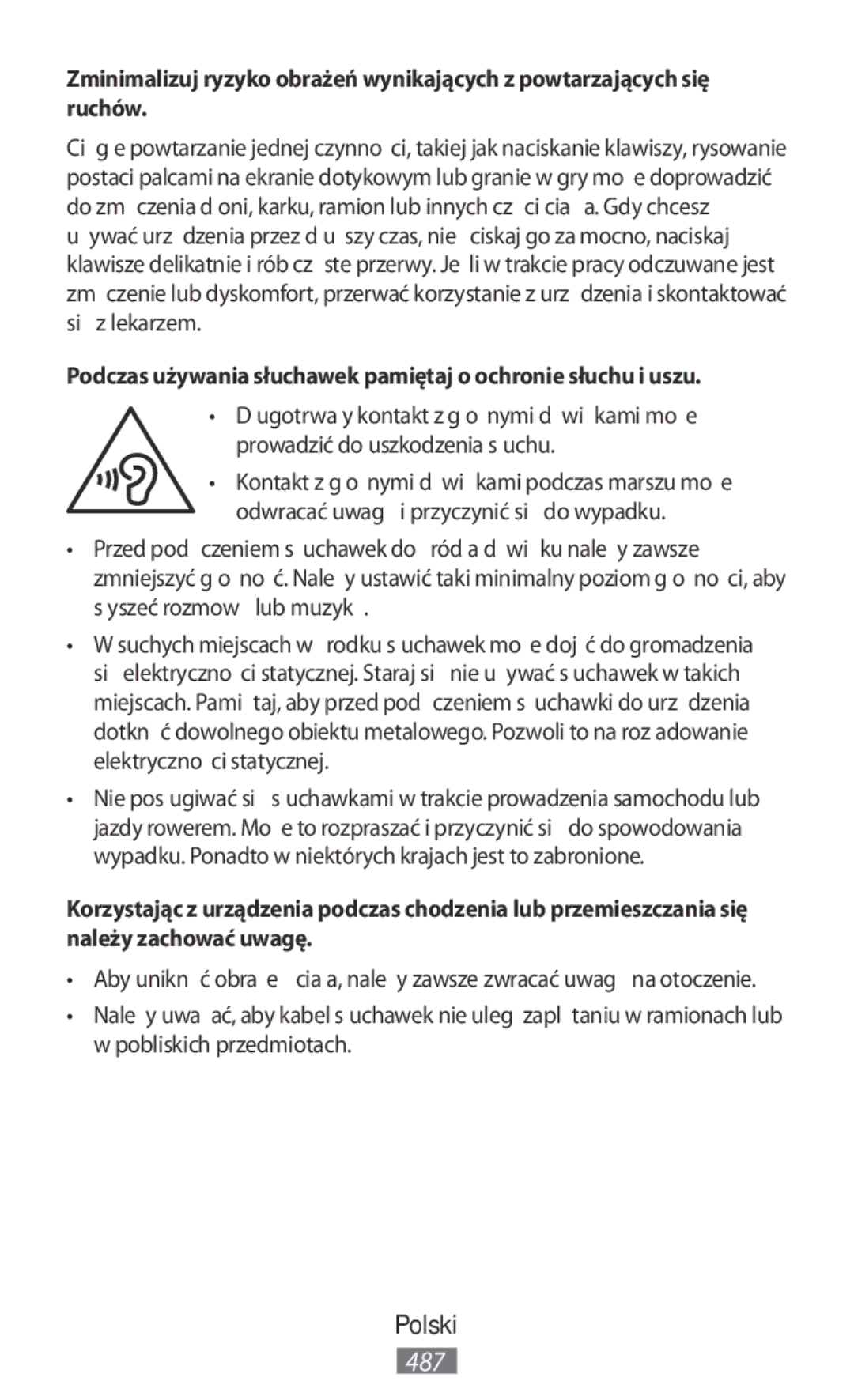 Samsung SM-N9000WDEXXV, SM-N9000ZKEXXV, SM-N9000ZWEXXV manual Podczas używania słuchawek pamiętaj o ochronie słuchu i uszu 