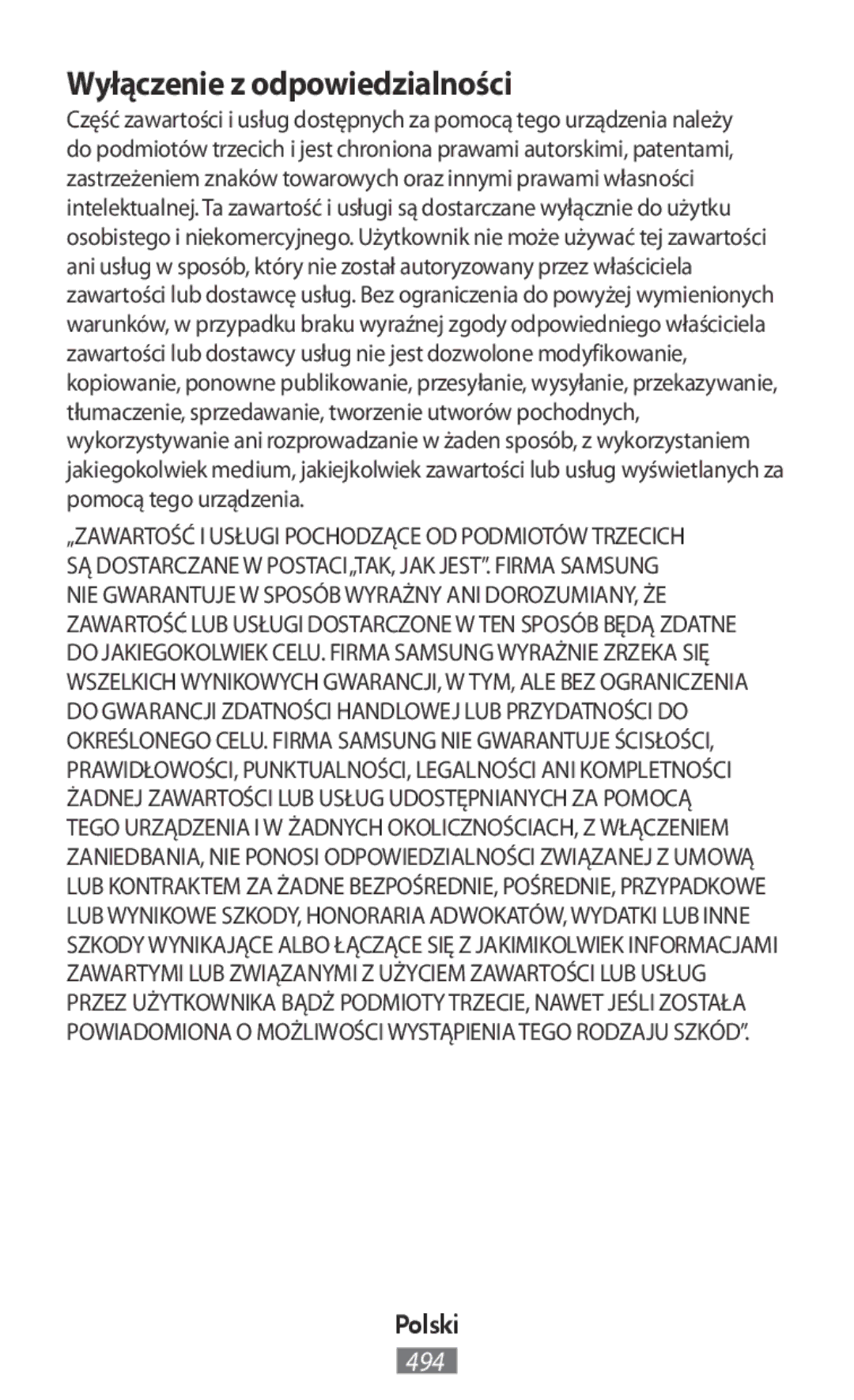 Samsung SM-N9000ZIEXXV, SM-N9000WDEXXV, SM-N9000ZKEXXV, SM-N9000ZWEXXV manual Wyłączenie z odpowiedzialności 