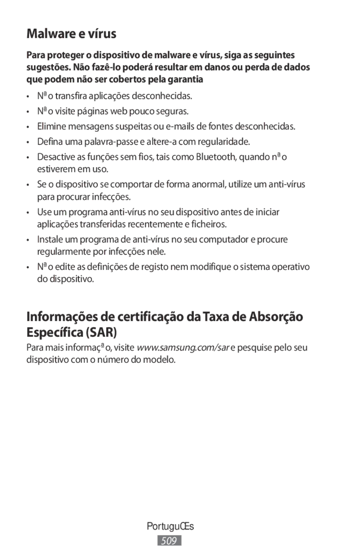 Samsung SM-N9000ZWEXXV, SM-N9000WDEXXV, SM-N9000ZKEXXV, SM-N9000ZIEXXV manual Malware e vírus 