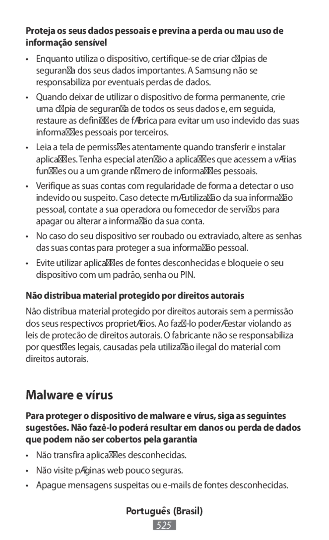 Samsung SM-N9000ZWEXXV, SM-N9000WDEXXV manual Malware e vírus, Não distribua material protegido por direitos autorais 