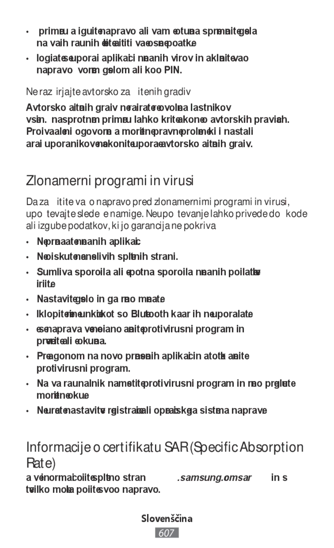 Samsung SM-N9000WDEXXV manual Zlonamerni programi in virusi, Informacije o certifikatu SAR Specific Absorption Rate 