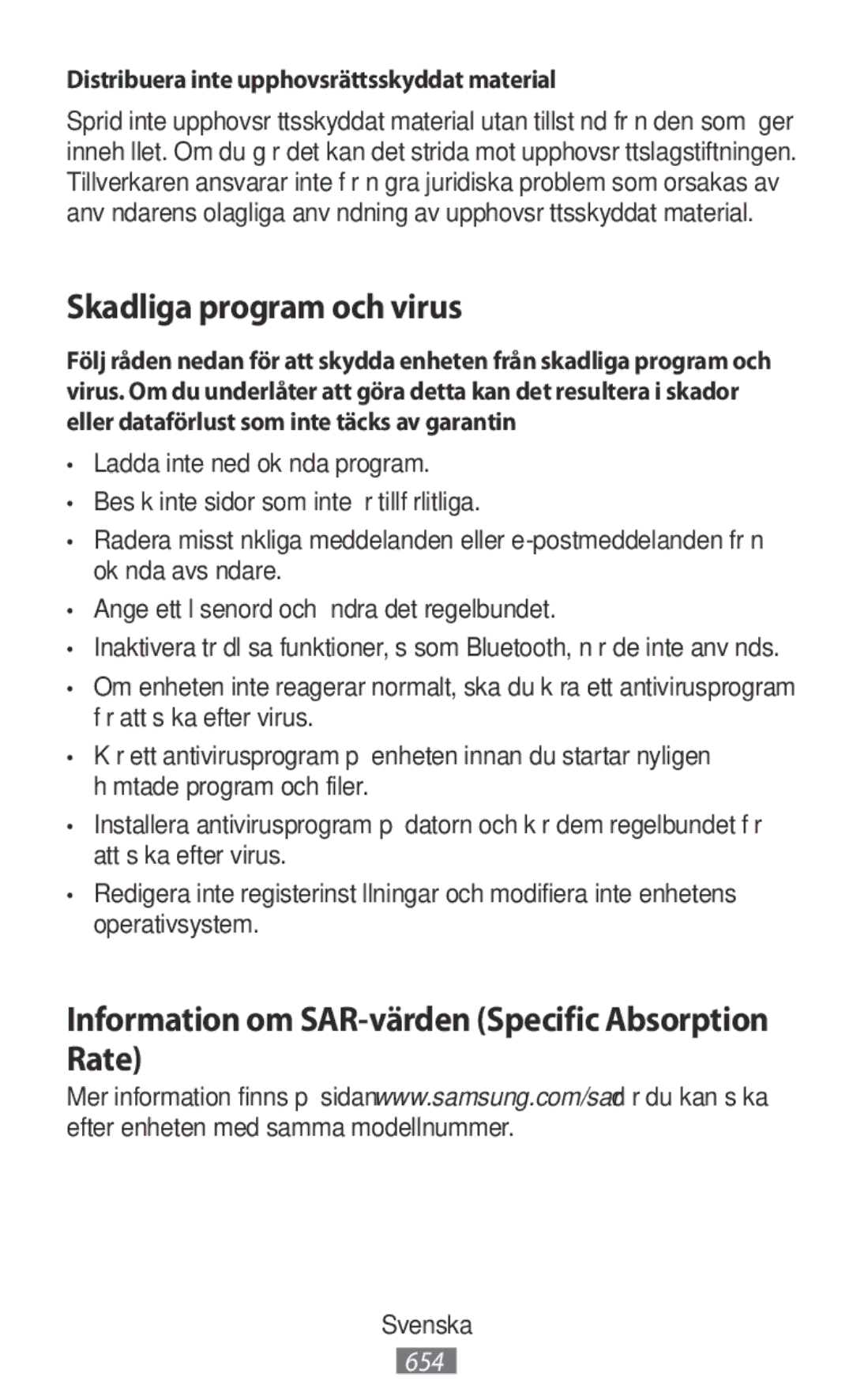 Samsung SM-N9000ZIEXXV, SM-N9000WDEXXV manual Skadliga program och virus, Information om SAR-värden Specific Absorption Rate 