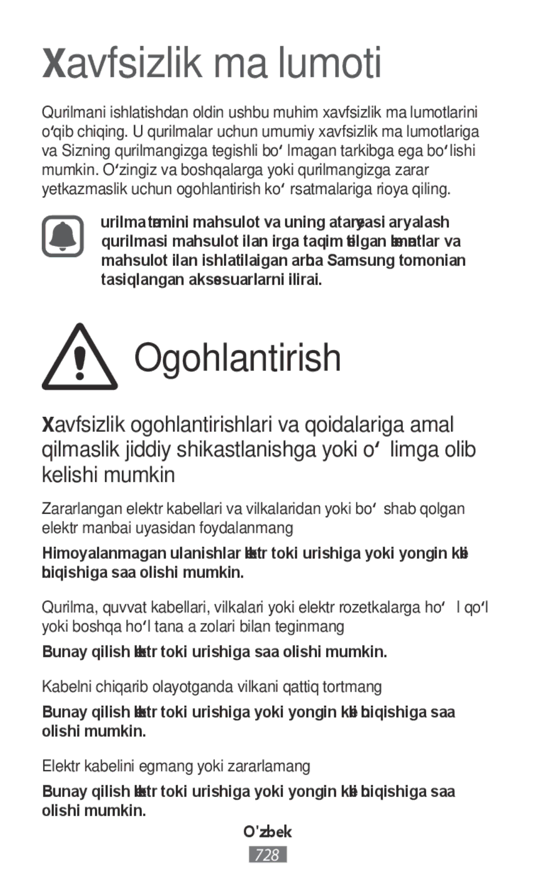 Samsung SM-N9000ZKEXXV, SM-N9000WDEXXV manual Ogohlantirish, Bunday qilish elektr toki urishiga sabab bo‘lishi mumkin, Ozbek 