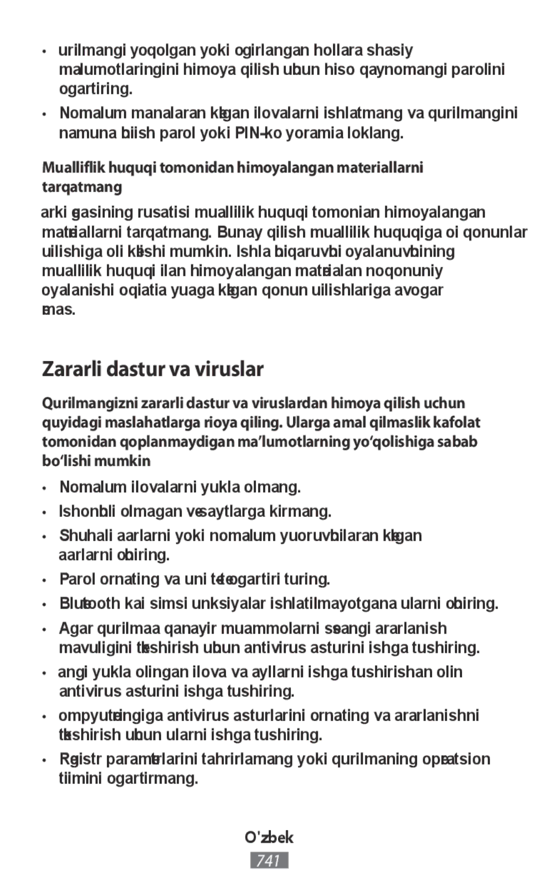 Samsung SM-N9000ZWEXXV, SM-N9000WDEXXV, SM-N9000ZKEXXV, SM-N9000ZIEXXV manual Zararli dastur va viruslar 