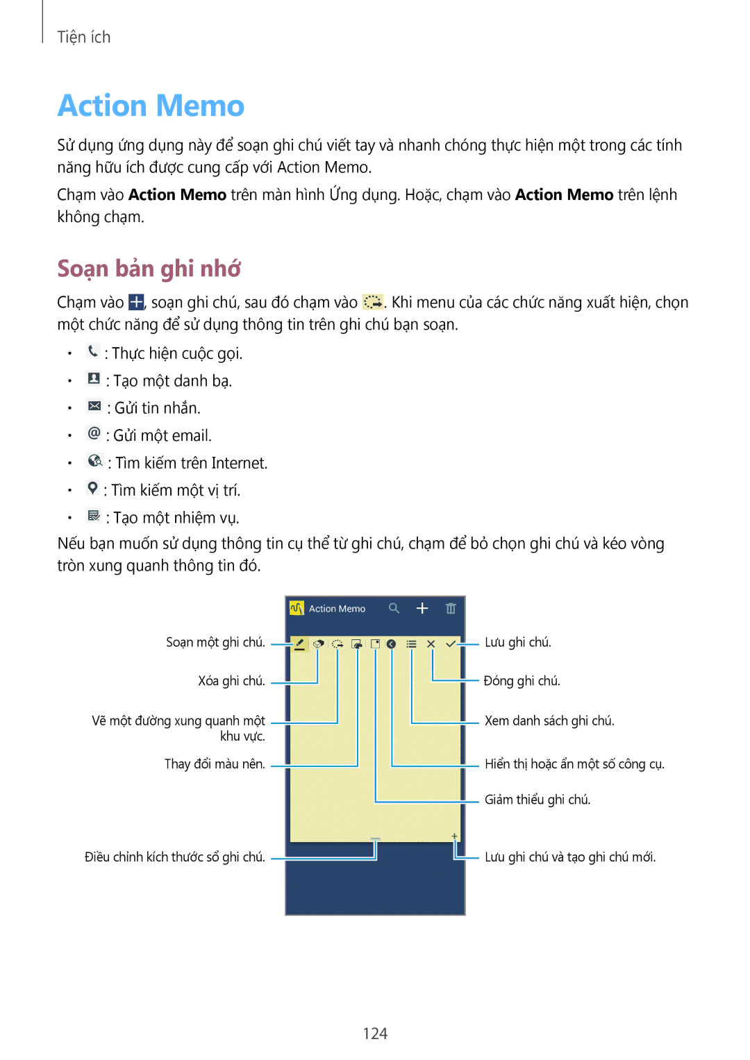 Samsung SM-N9000WDEXXV, SM-N9000ZKEXXV, SM-N9000ZWEXXV, SM-N9000ZIEXXV manual Action Memo, Soạn bản ghi nhớ, 124 