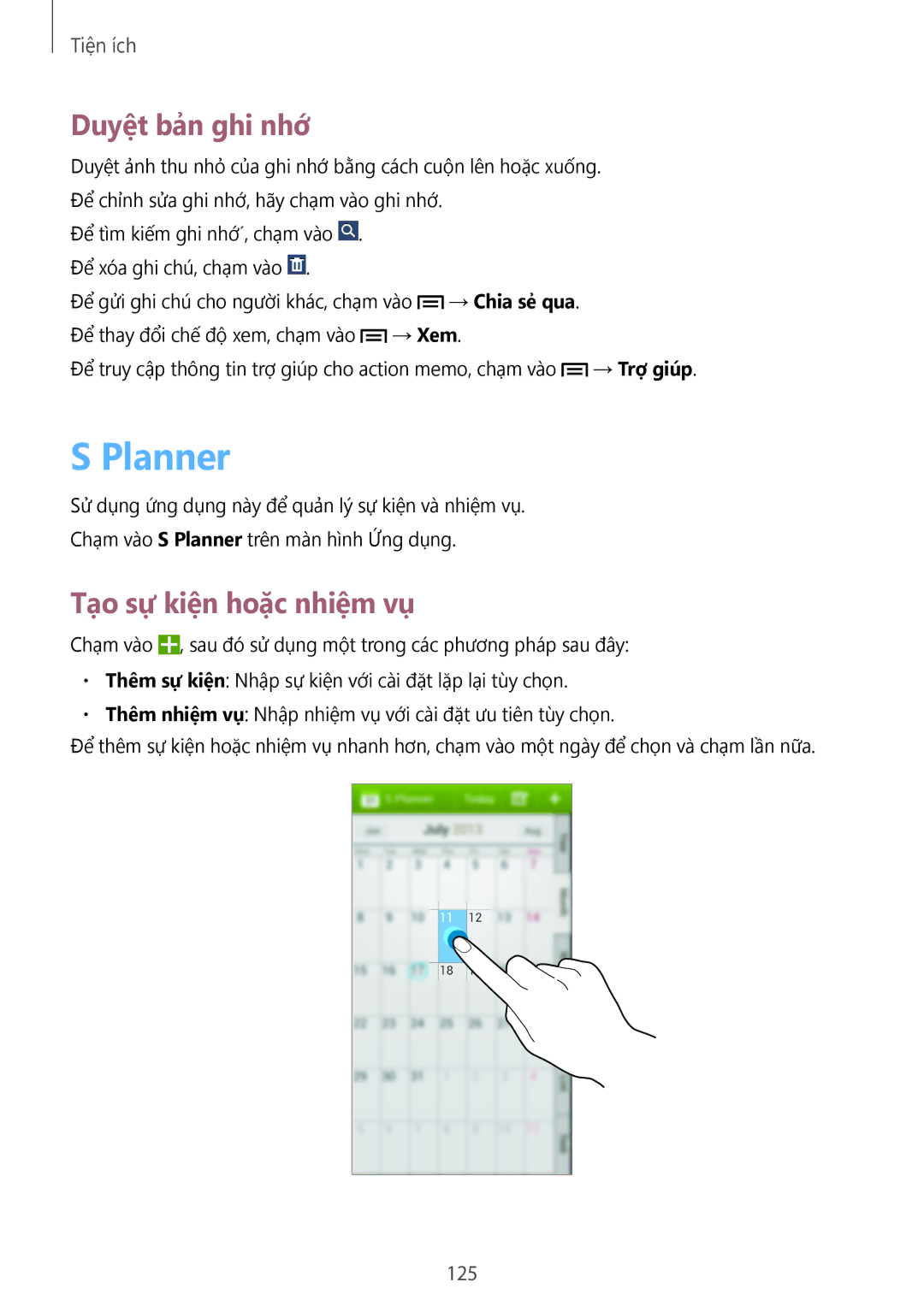 Samsung SM-N9000ZKEXXV, SM-N9000WDEXXV, SM-N9000ZWEXXV manual Planner, Duyệt bản ghi nhớ, Tạo sự kiện hoặc nhiệm vụ, 125 