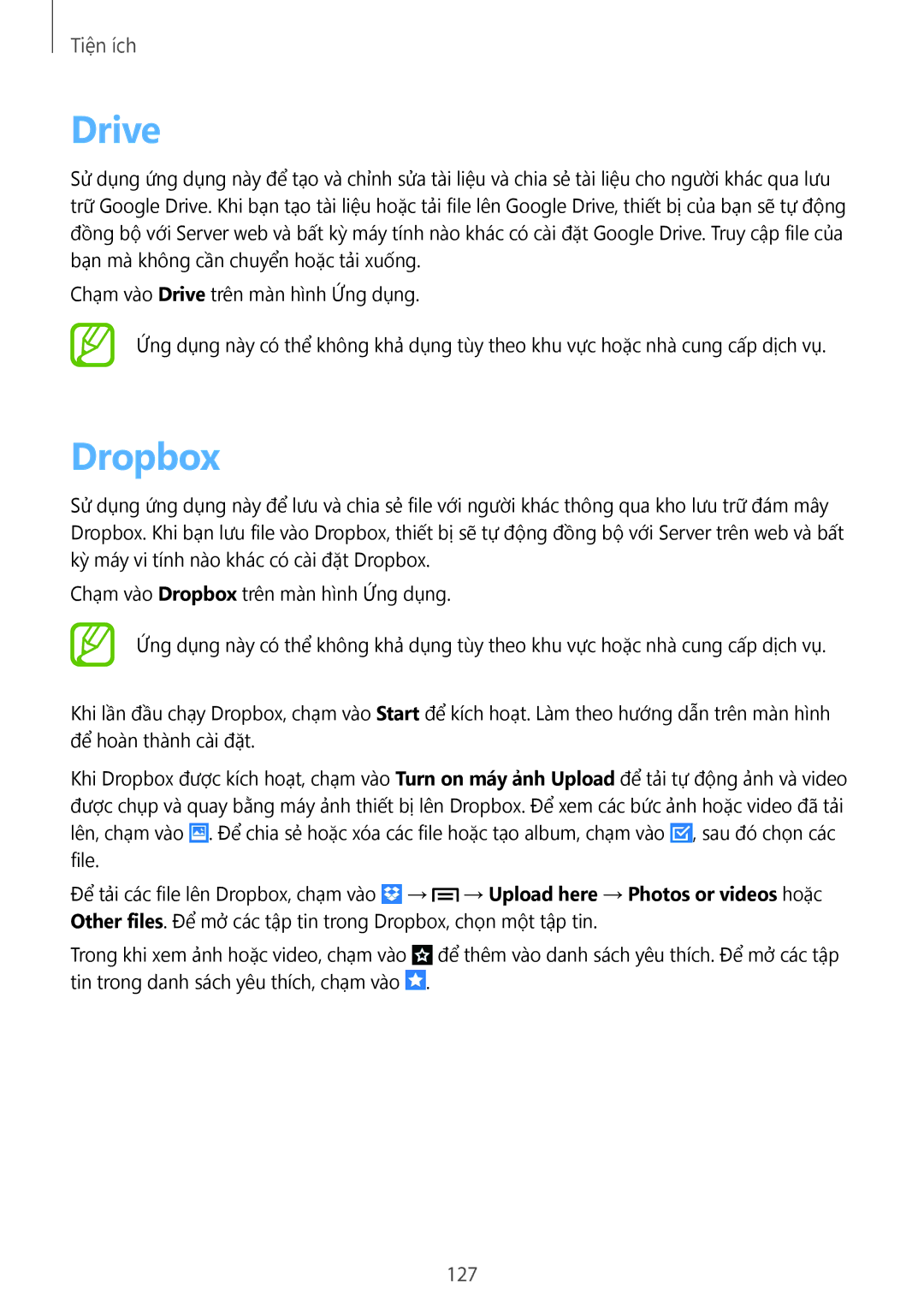 Samsung SM-N9000ZIEXXV, SM-N9000WDEXXV, SM-N9000ZKEXXV, SM-N9000ZWEXXV manual Drive, Dropbox, 127 