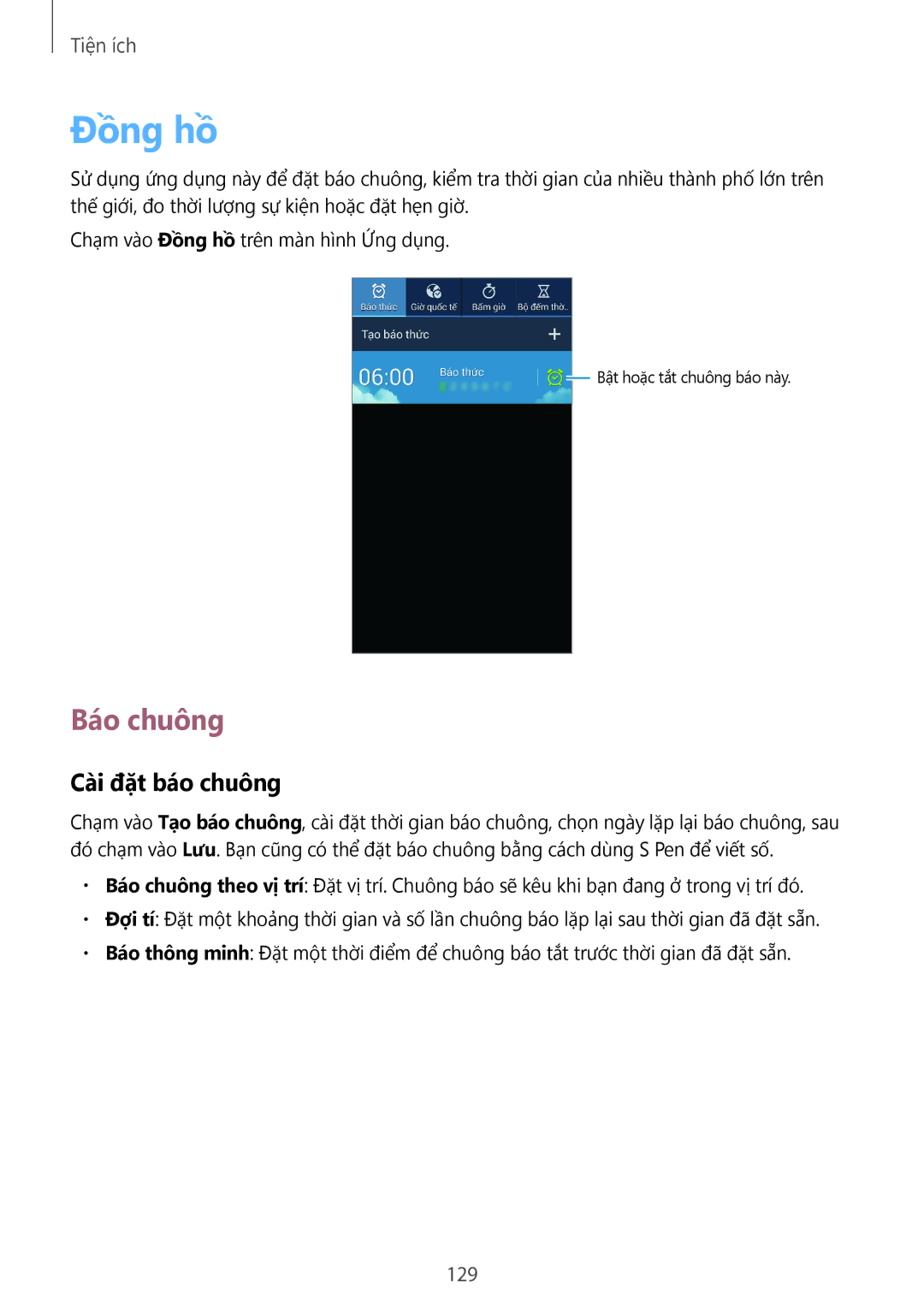 Samsung SM-N9000ZKEXXV, SM-N9000WDEXXV, SM-N9000ZWEXXV, SM-N9000ZIEXXV manual Đồng hồ, Báo chuông, Cài đặt báo chuông, 129 