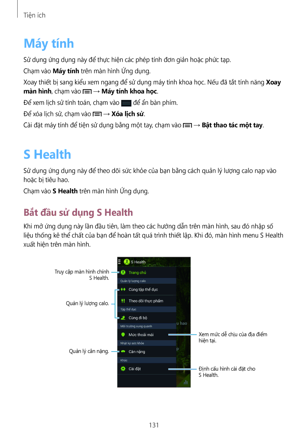 Samsung SM-N9000ZIEXXV, SM-N9000WDEXXV, SM-N9000ZKEXXV, SM-N9000ZWEXXV manual Máy tính, Bắt đầu sử dụng S Health, 131 