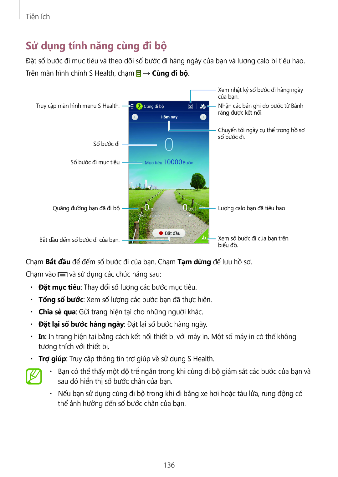 Samsung SM-N9000WDEXXV, SM-N9000ZKEXXV, SM-N9000ZWEXXV, SM-N9000ZIEXXV manual Sử dụng tính năng cùng đi bộ, 136 