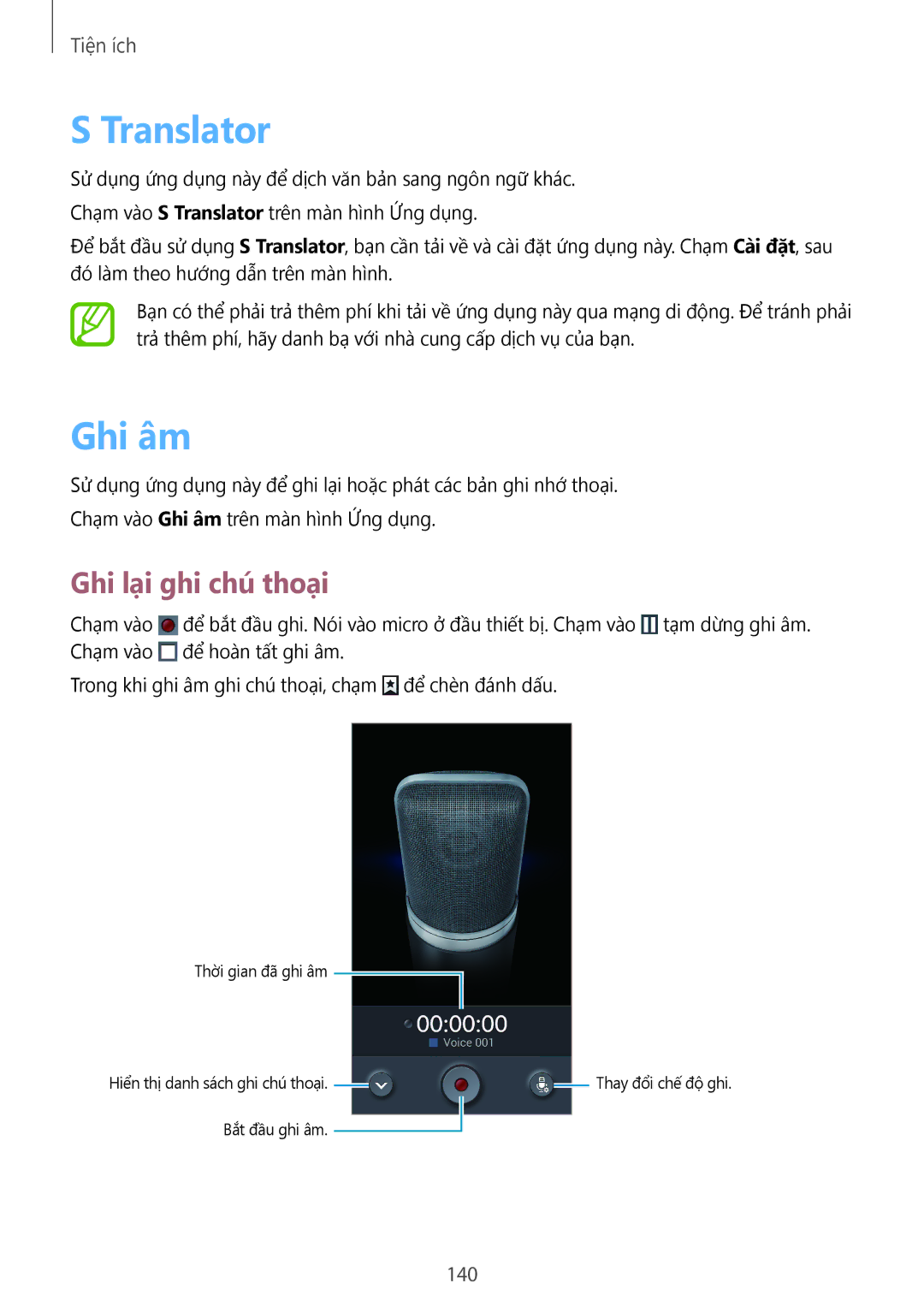 Samsung SM-N9000WDEXXV, SM-N9000ZKEXXV, SM-N9000ZWEXXV, SM-N9000ZIEXXV manual Translator, Ghi âm, Ghi lại ghi chú thoại, 140 