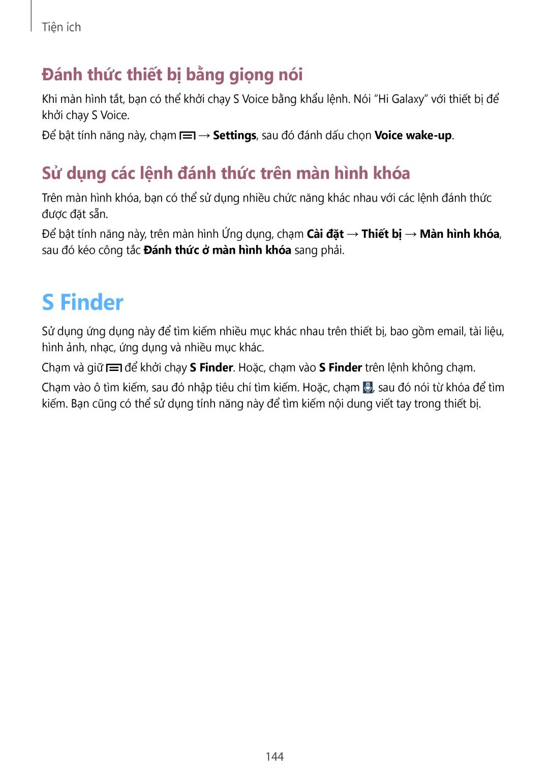 Samsung SM-N9000WDEXXV manual Finder, Đánh thức thiết bị bằng giọng nói, Sử dụng các lệnh đánh thức trên màn hình khóa, 144 
