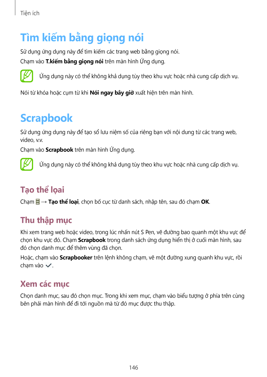 Samsung SM-N9000ZWEXXV, SM-N9000WDEXXV manual Tìm kiếm bằng giọng nói, Scrapbook, Tạo thể lọai, Thu thập mục, Xem các mục 
