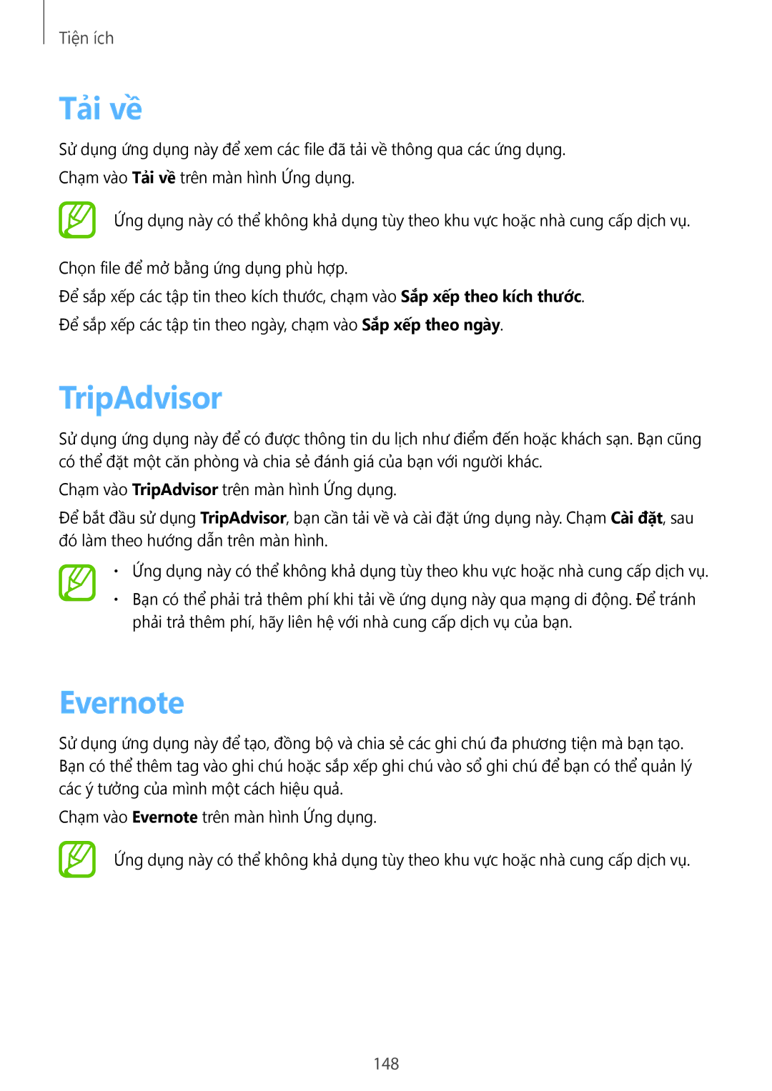 Samsung SM-N9000WDEXXV, SM-N9000ZKEXXV, SM-N9000ZWEXXV, SM-N9000ZIEXXV manual Tải về, TripAdvisor, Evernote, 148 