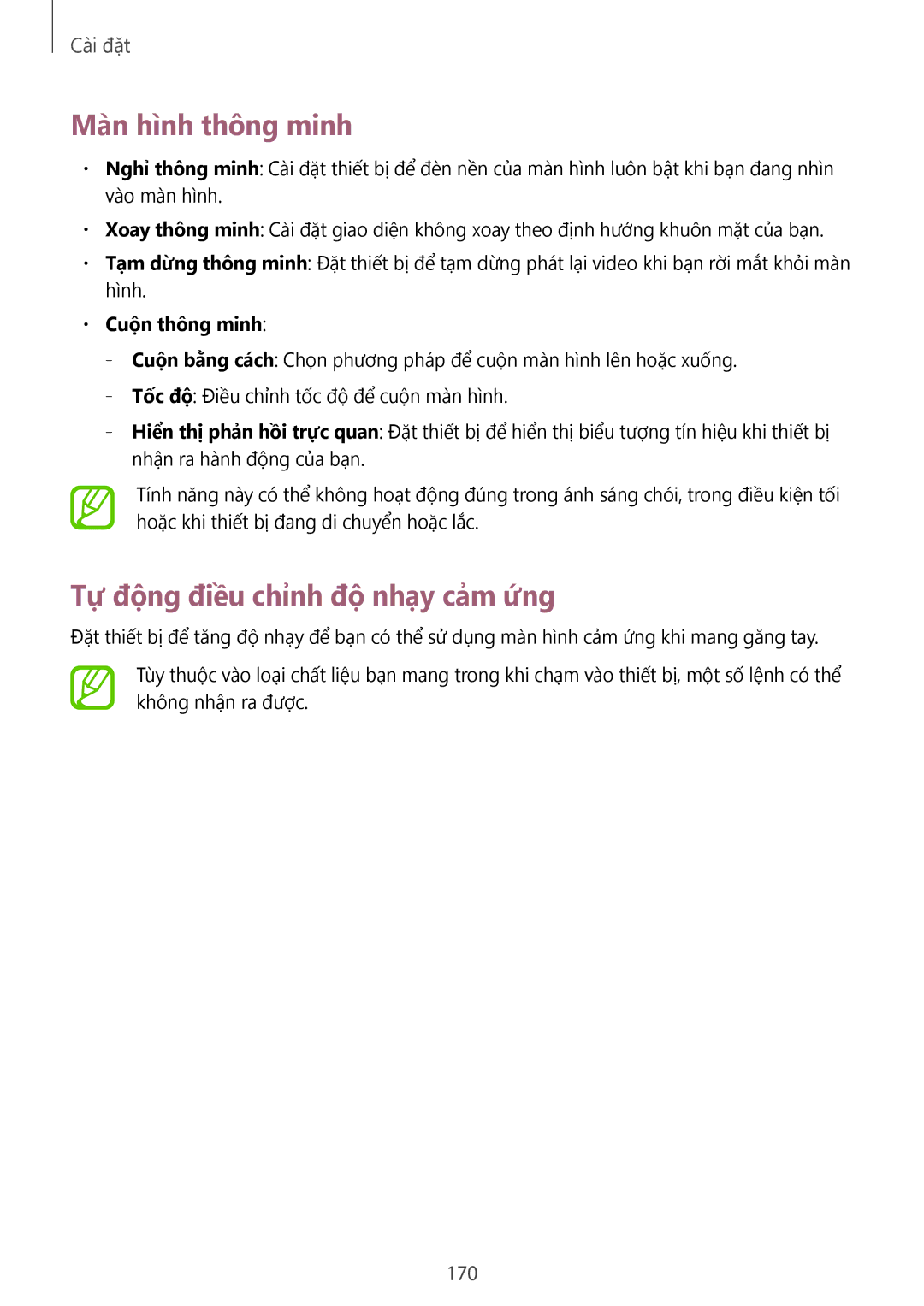 Samsung SM-N9000ZWEXXV, SM-N9000WDEXXV manual Màn hình thông minh, Tư động điêu chinh độ nhạy cảm ứng, 170, Cuộn thông minh 