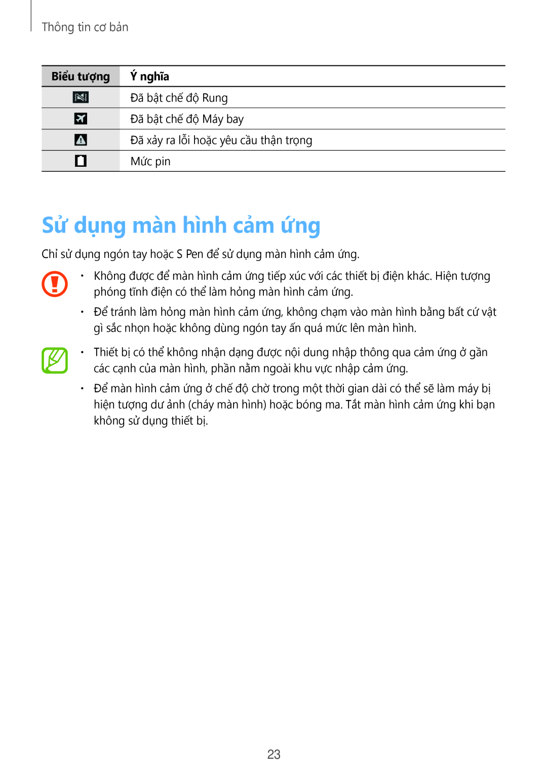 Samsung SM-N9000ZIEXXV, SM-N9000WDEXXV, SM-N9000ZKEXXV, SM-N9000ZWEXXV manual Sử dụng màn hình cảm ứng, Thông tin cơ bản 