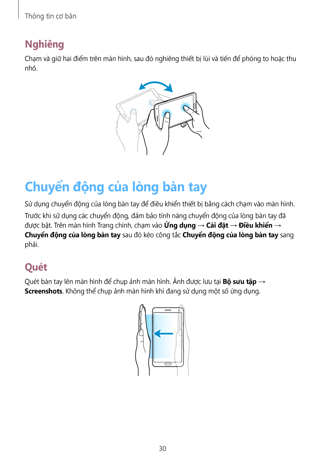 Samsung SM-N9000ZWEXXV, SM-N9000WDEXXV, SM-N9000ZKEXXV, SM-N9000ZIEXXV manual Chuyên đông cua long ban tay, Nghiêng, Quét 