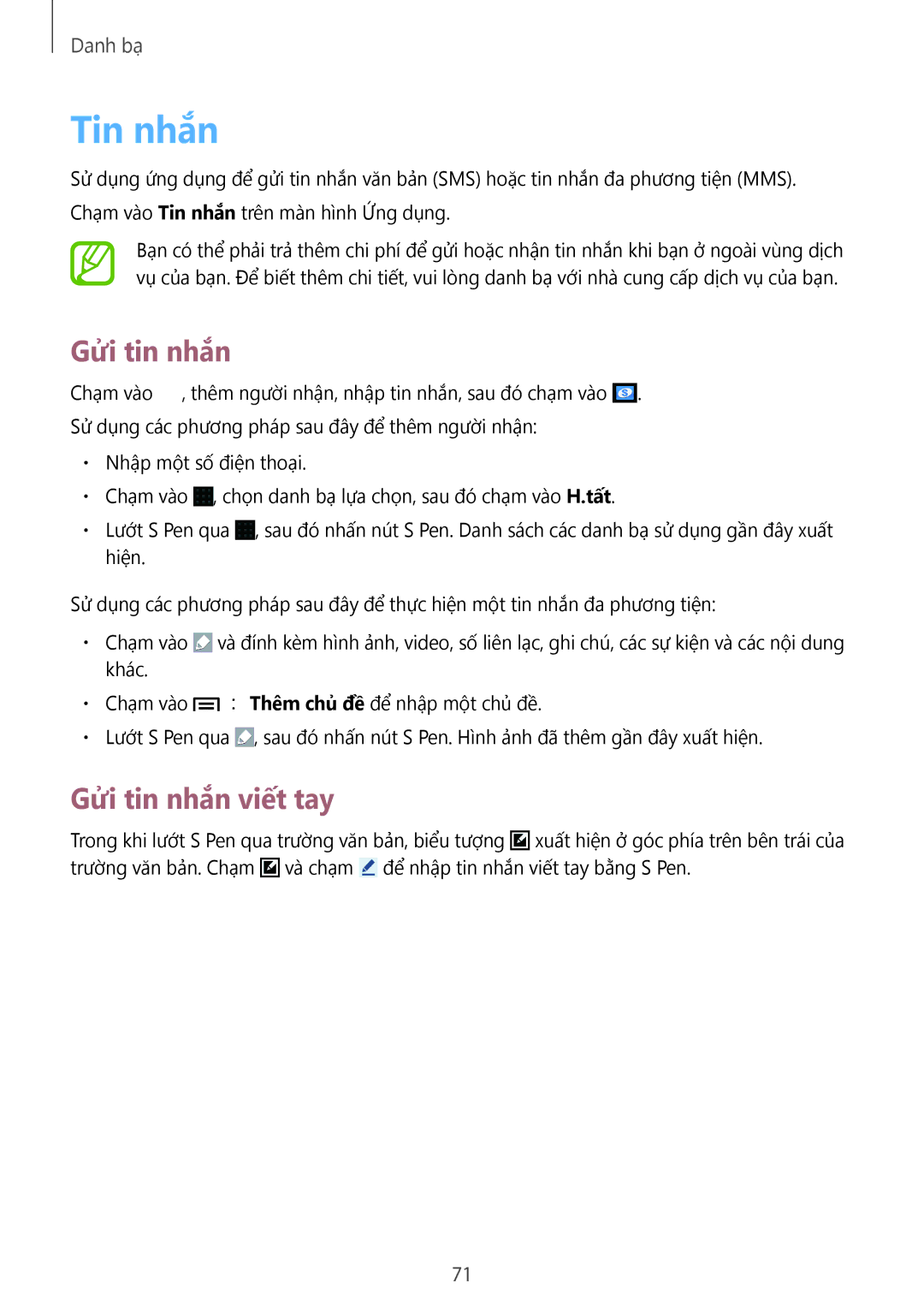 Samsung SM-N9000ZIEXXV, SM-N9000WDEXXV, SM-N9000ZKEXXV, SM-N9000ZWEXXV manual Tin nhắn, Gửi tin nhắn viết tay 