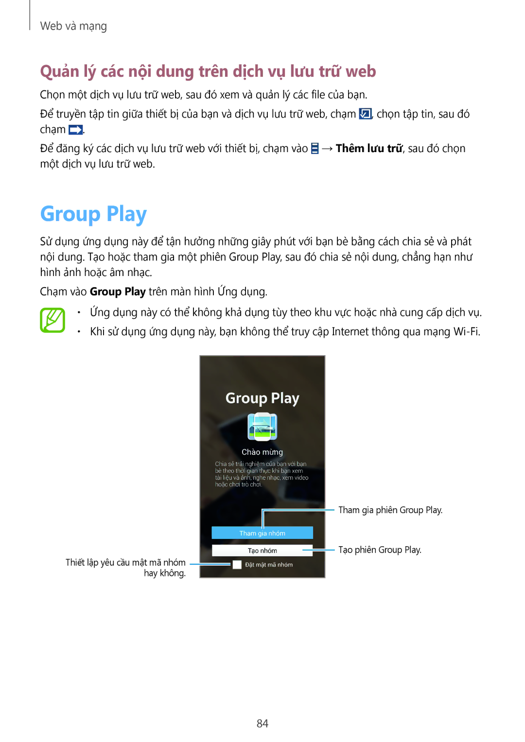 Samsung SM-N9000WDEXXV, SM-N9000ZKEXXV, SM-N9000ZWEXXV manual Group Play, Quản lý các nội dung trên dịch vụ lưu trữ web 