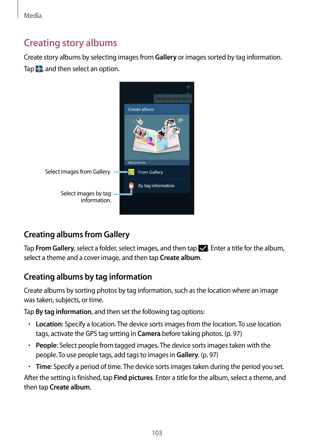 Samsung SM-N9000ZIEXXV manual Creating story albums, Creating albums from Gallery, Creating albums by tag information 