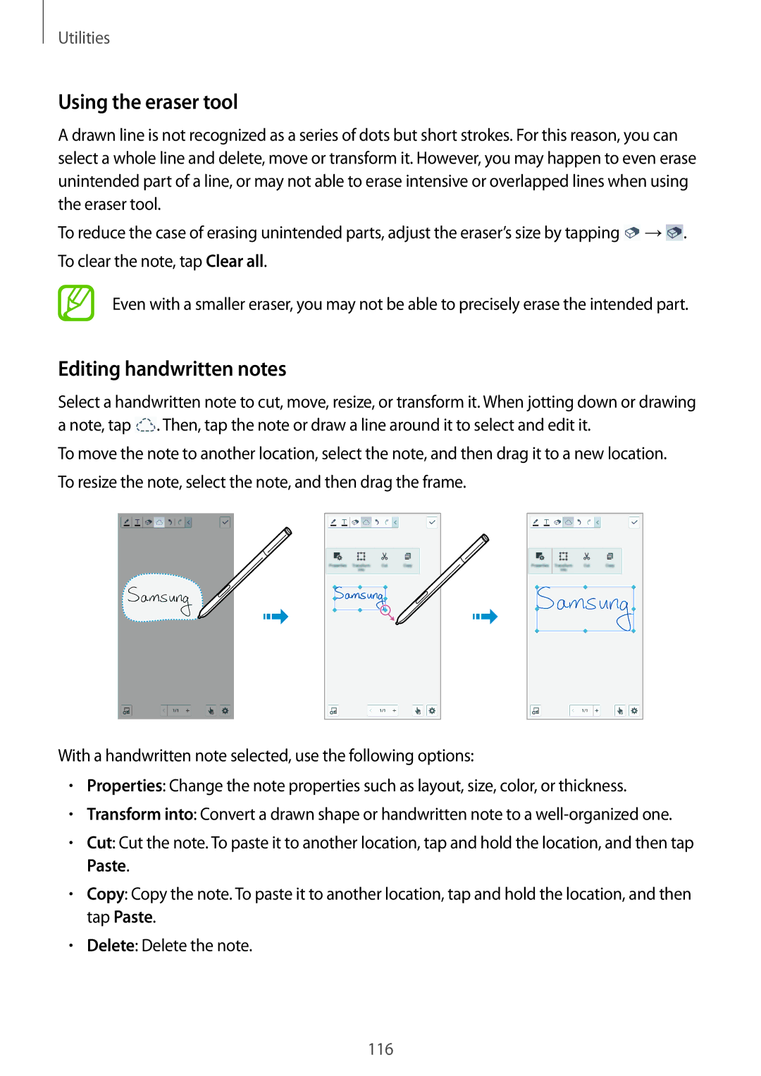 Samsung SM-N9000WDEXXV, SM-N9000ZKEXXV, SM-N9000ZWEXXV, SM-N9000ZIEXXV manual Using the eraser tool, Editing handwritten notes 