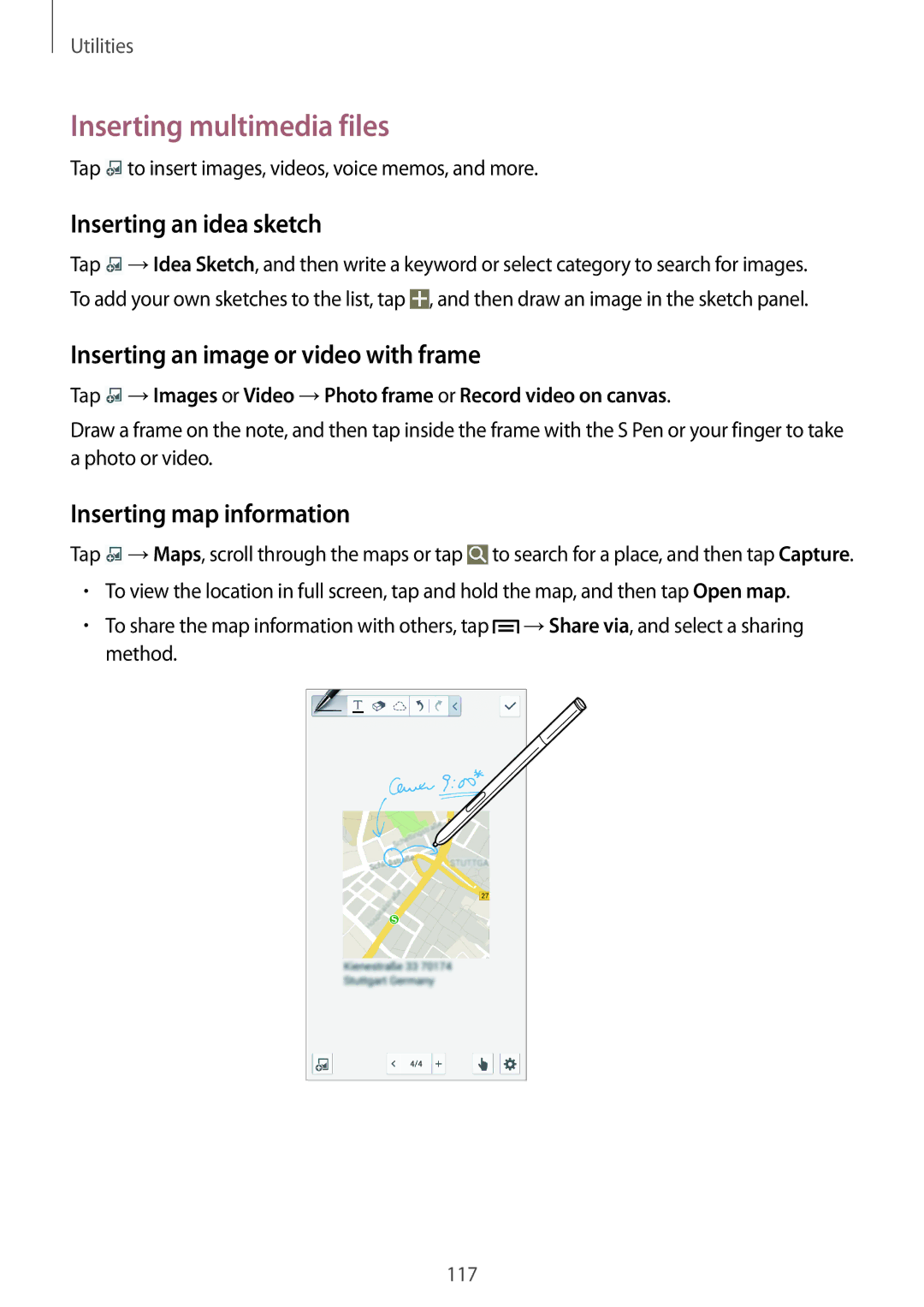 Samsung SM-N9000ZKEXXV manual Inserting multimedia files, Inserting an idea sketch, Inserting an image or video with frame 