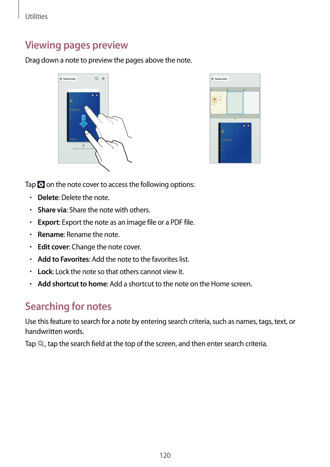 Samsung SM-N9000WDEXXV, SM-N9000ZKEXXV, SM-N9000ZWEXXV, SM-N9000ZIEXXV manual Viewing pages preview, Searching for notes 