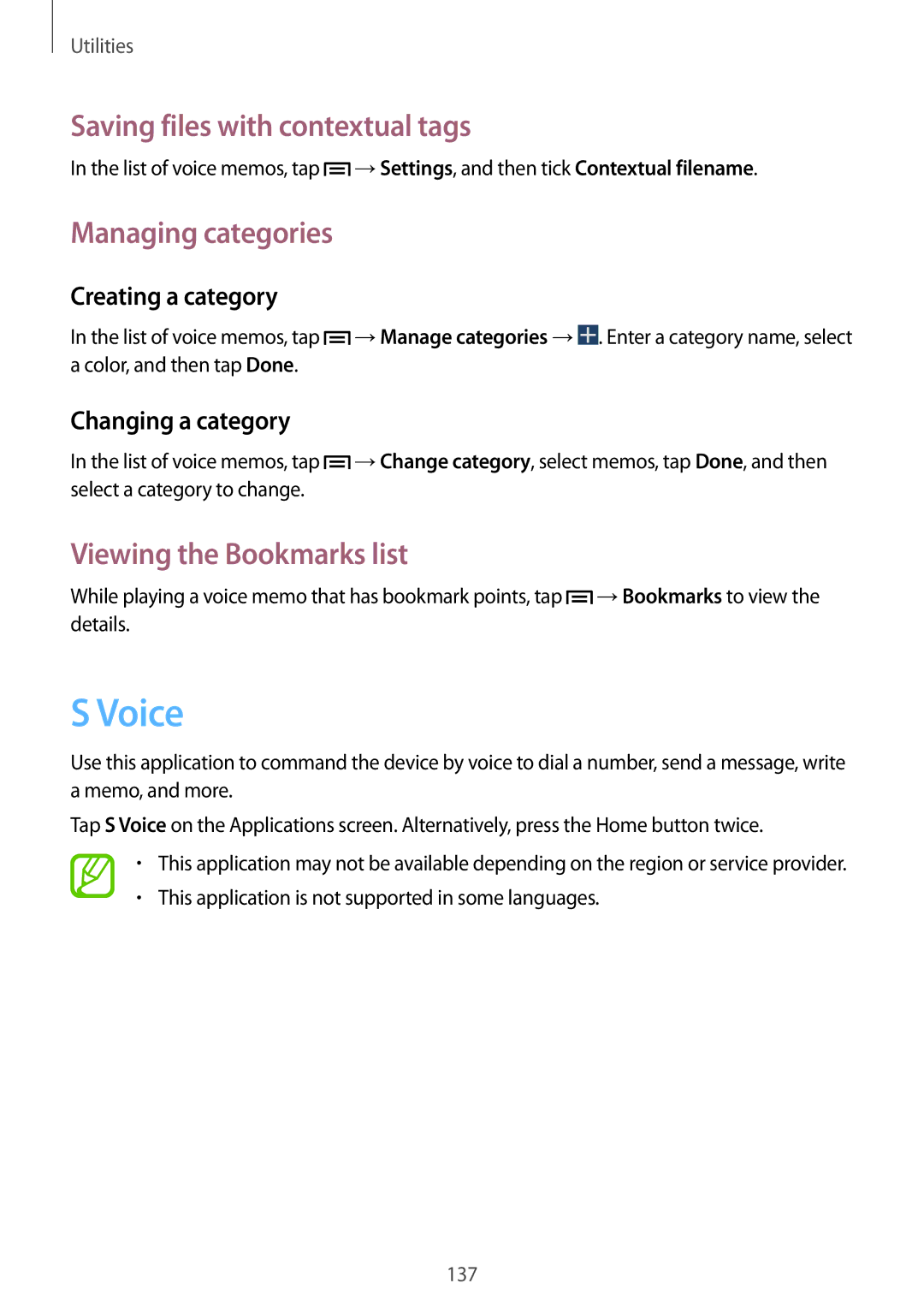 Samsung SM-N9000ZKEXXV manual Voice, Saving files with contextual tags, Managing categories, Viewing the Bookmarks list 