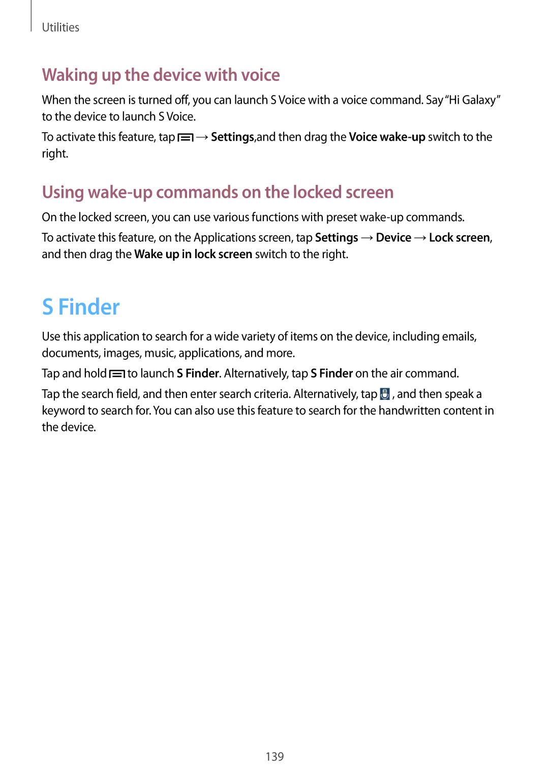 Samsung SM-N9000ZIEXXV manual Finder, Waking up the device with voice, Using wake-up commands on the locked screen 