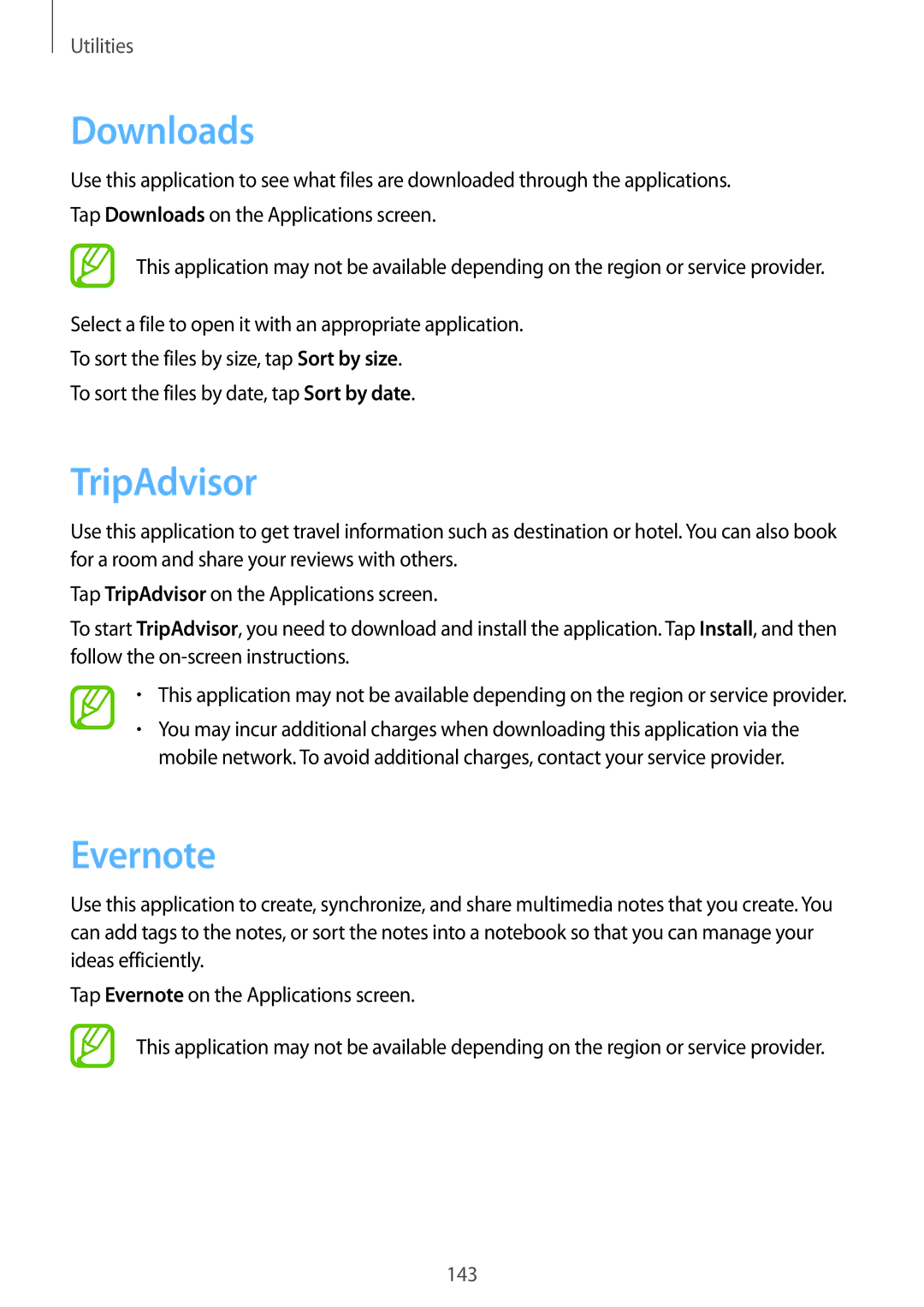 Samsung SM-N9000ZIEXXV, SM-N9000WDEXXV, SM-N9000ZKEXXV, SM-N9000ZWEXXV manual Downloads, TripAdvisor, Evernote 