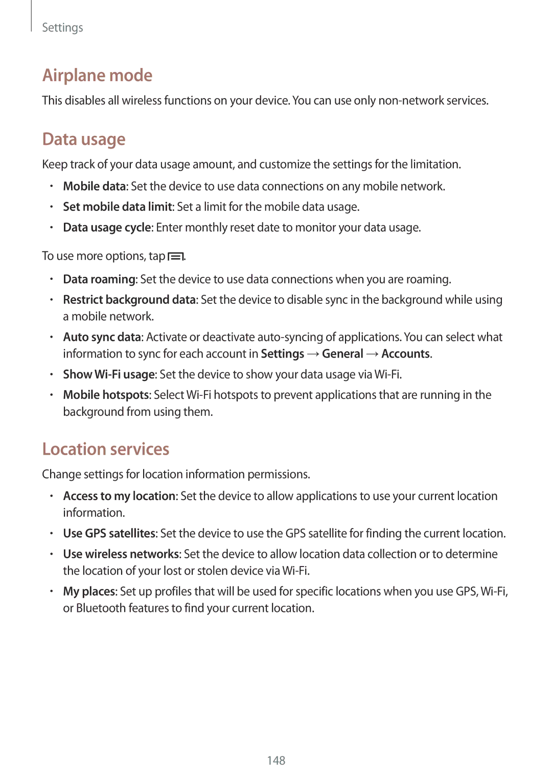 Samsung SM-N9000WDEXXV, SM-N9000ZKEXXV, SM-N9000ZWEXXV, SM-N9000ZIEXXV manual Airplane mode, Data usage, Location services 