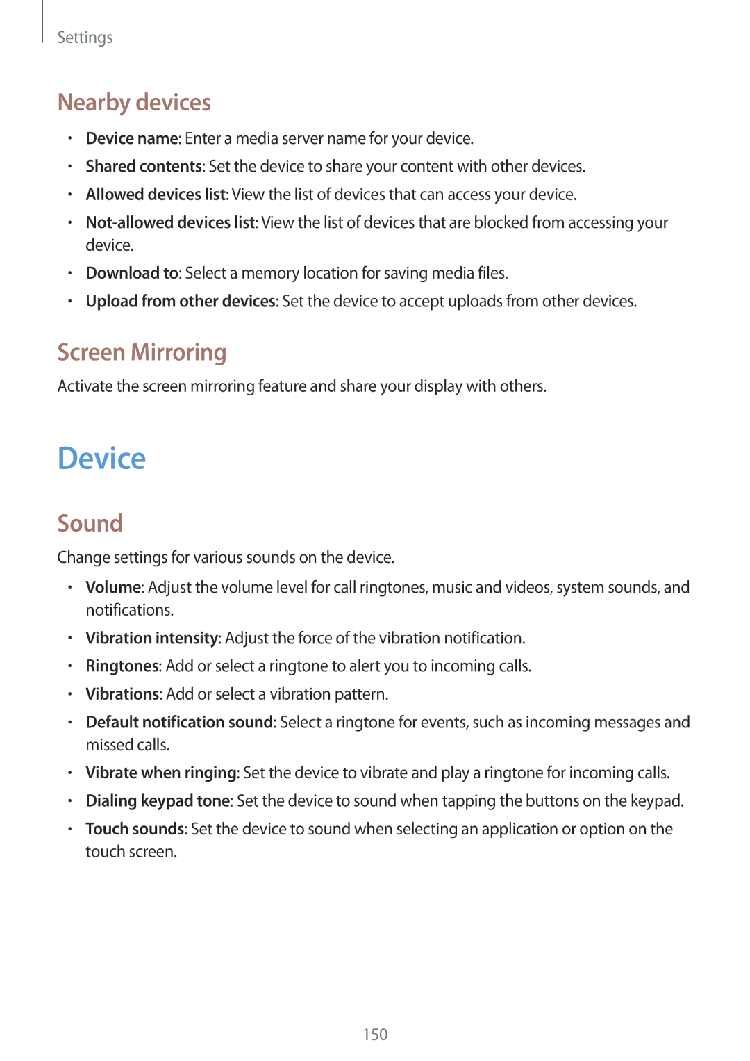 Samsung SM-N9000ZWEXXV, SM-N9000WDEXXV, SM-N9000ZKEXXV, SM-N9000ZIEXXV manual Device, Nearby devices, Screen Mirroring, Sound 