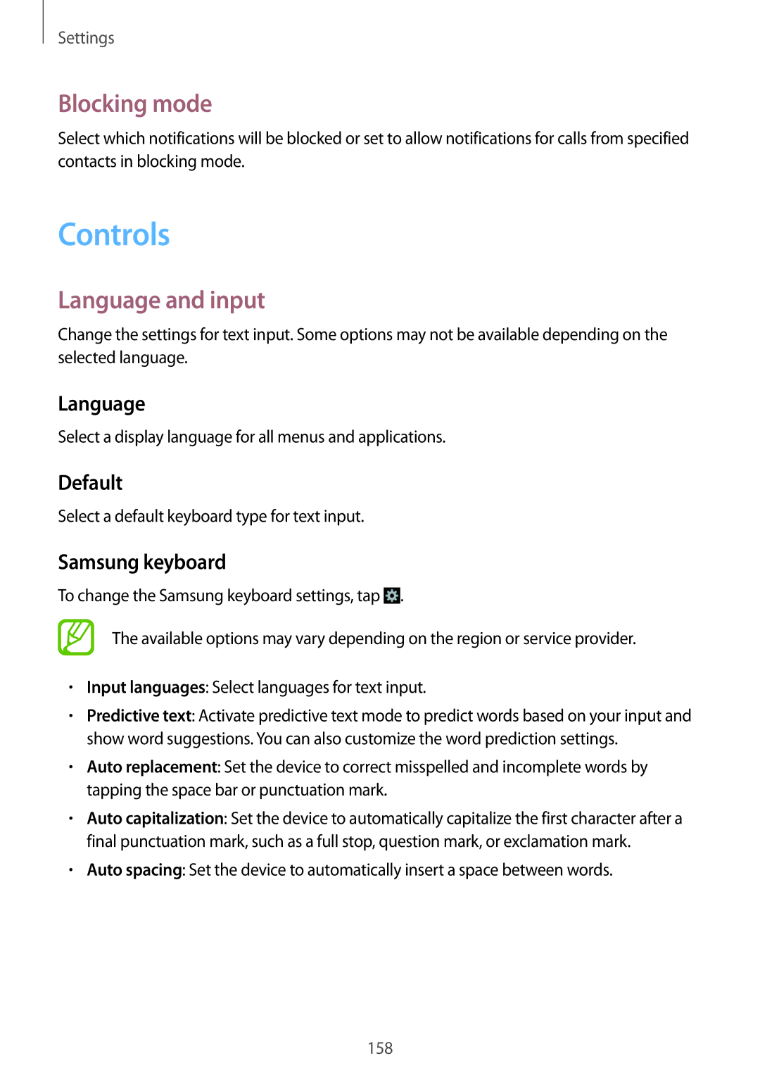 Samsung SM-N9000ZWEXXV, SM-N9000WDEXXV, SM-N9000ZKEXXV, SM-N9000ZIEXXV manual Controls, Blocking mode, Language and input 