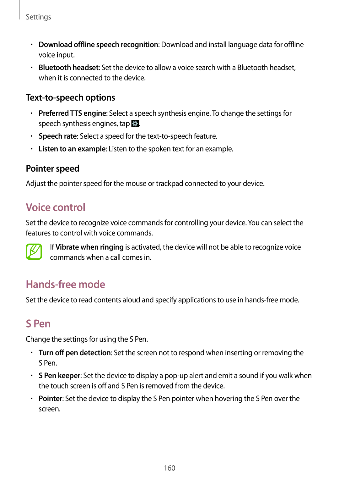 Samsung SM-N9000WDEXXV, SM-N9000ZKEXXV, SM-N9000ZWEXXV manual Voice control, Pen, Text-to-speech options, Pointer speed 