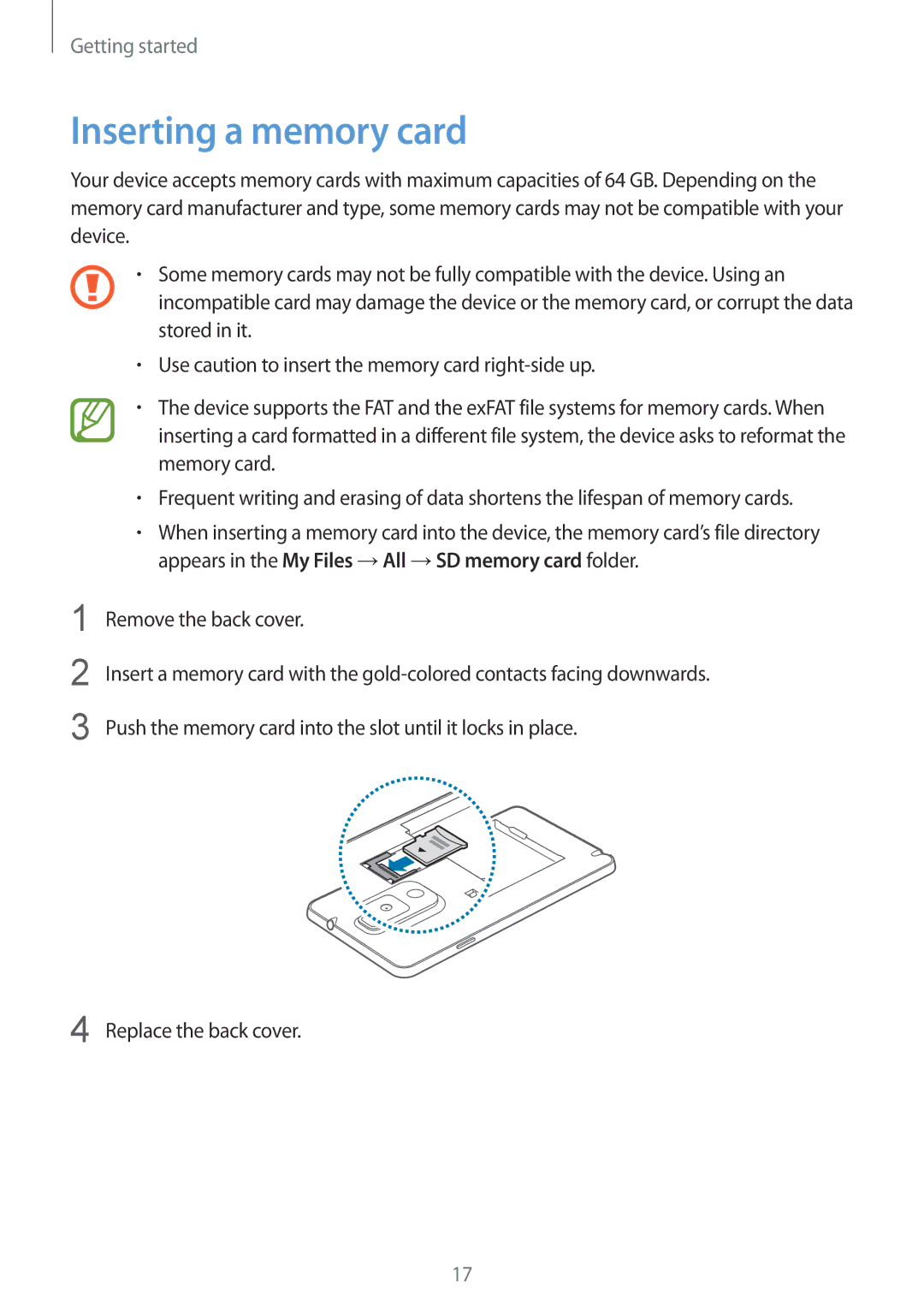 Samsung SM-N9000ZKEXXV, SM-N9000WDEXXV, SM-N9000ZWEXXV, SM-N9000ZIEXXV manual Inserting a memory card 