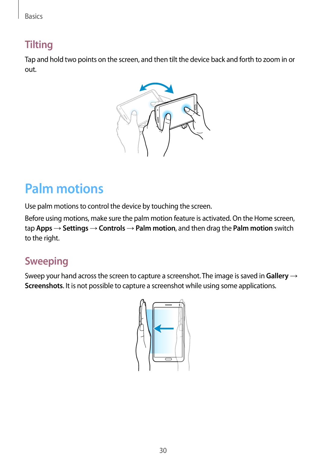 Samsung SM-N9000ZWEXXV, SM-N9000WDEXXV, SM-N9000ZKEXXV, SM-N9000ZIEXXV manual Palm motions, Tilting, Sweeping 