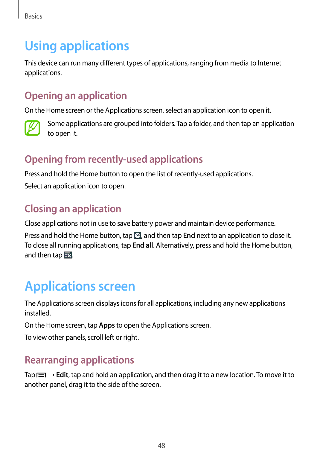 Samsung SM-N9000WDEXXV, SM-N9000ZKEXXV, SM-N9000ZWEXXV, SM-N9000ZIEXXV manual Using applications, Applications screen 