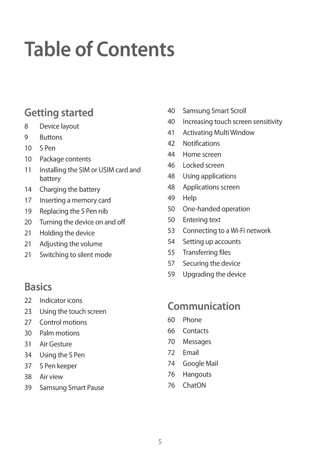 Samsung SM-N9000ZKEXXV, SM-N9000WDEXXV, SM-N9000ZWEXXV, SM-N9000ZIEXXV manual Table of Contents 