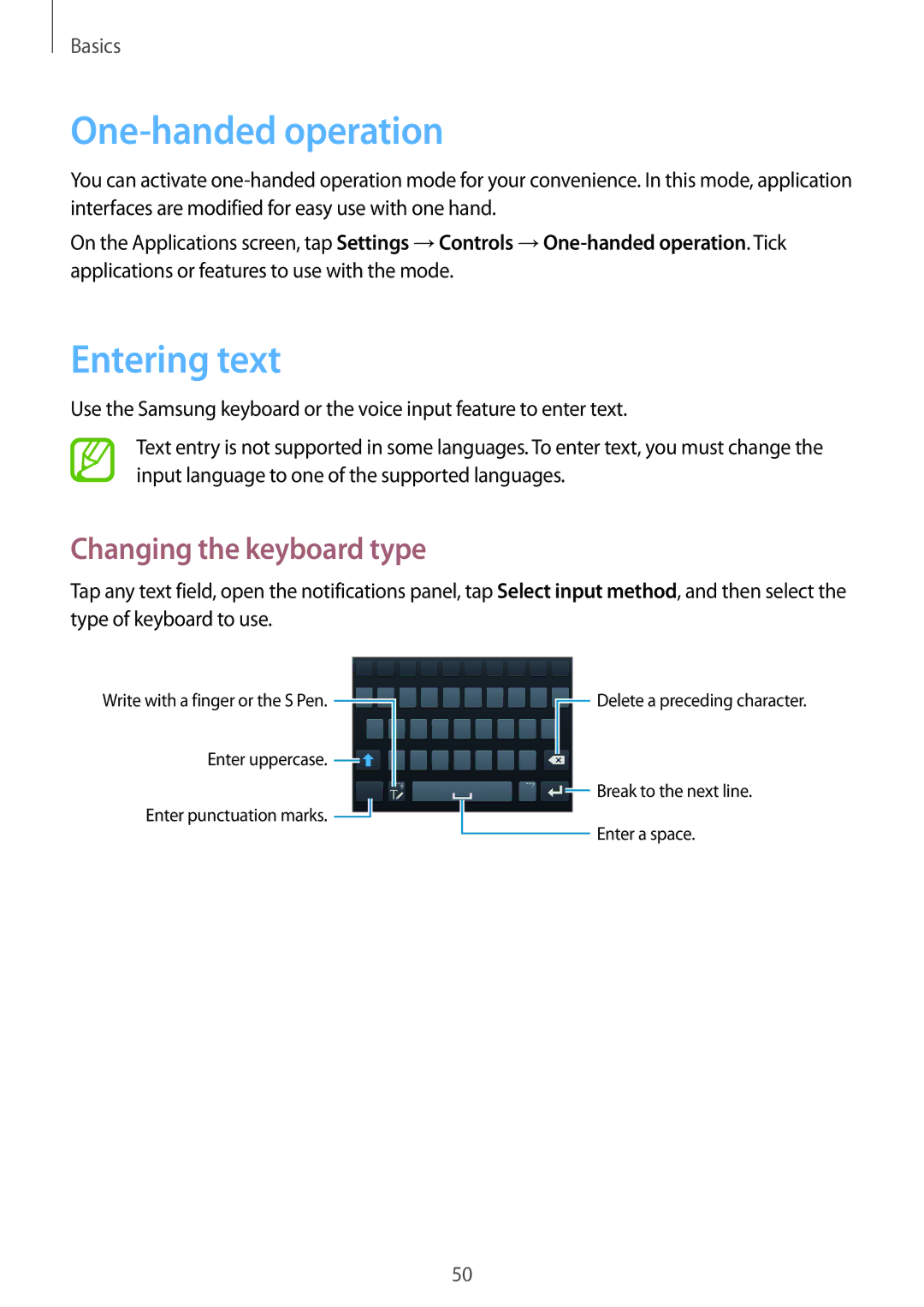 Samsung SM-N9000ZWEXXV, SM-N9000WDEXXV, SM-N9000ZKEXXV manual One-handed operation, Entering text, Changing the keyboard type 