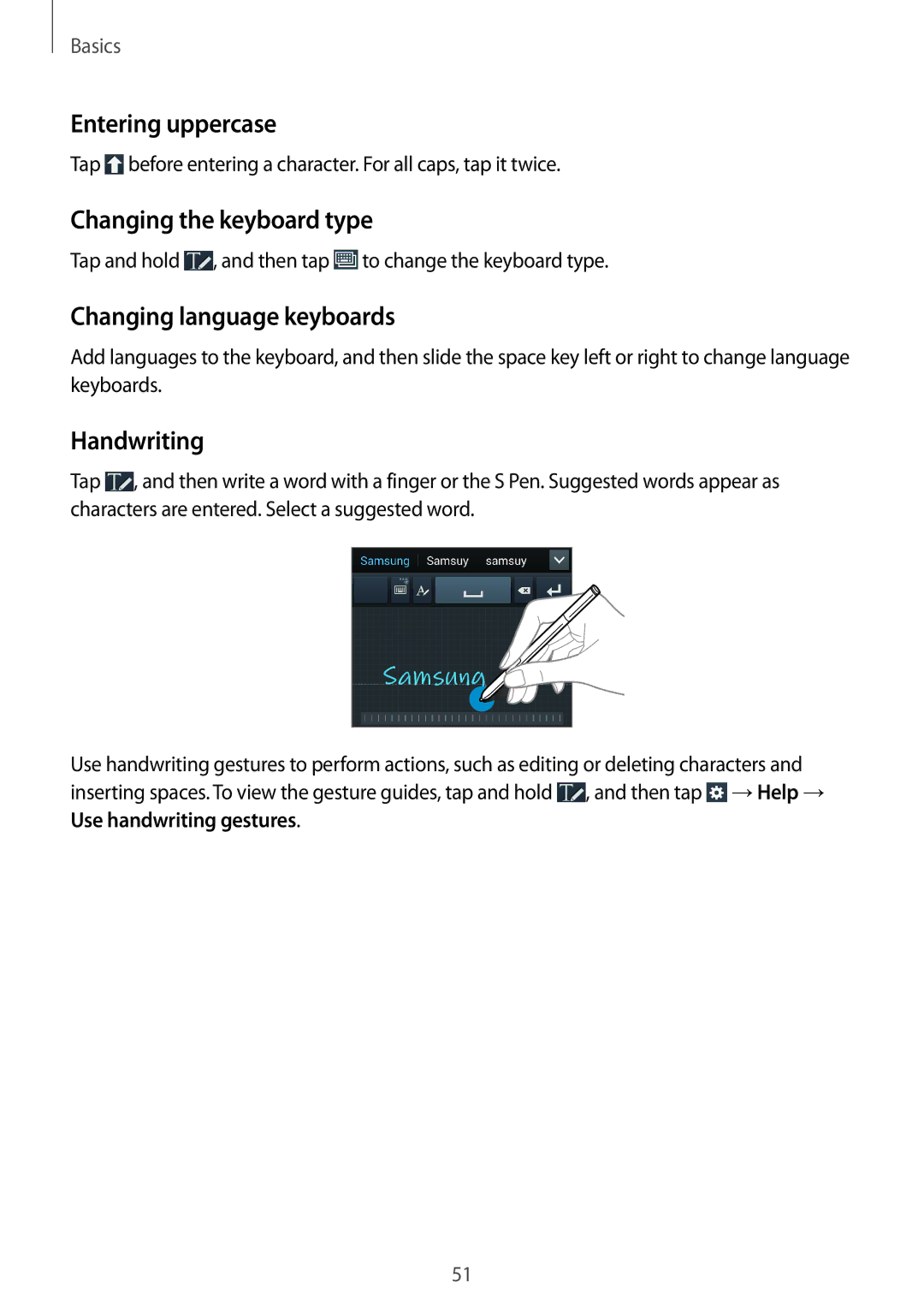 Samsung SM-N9000ZIEXXV manual Entering uppercase, Changing the keyboard type, Changing language keyboards, Handwriting 